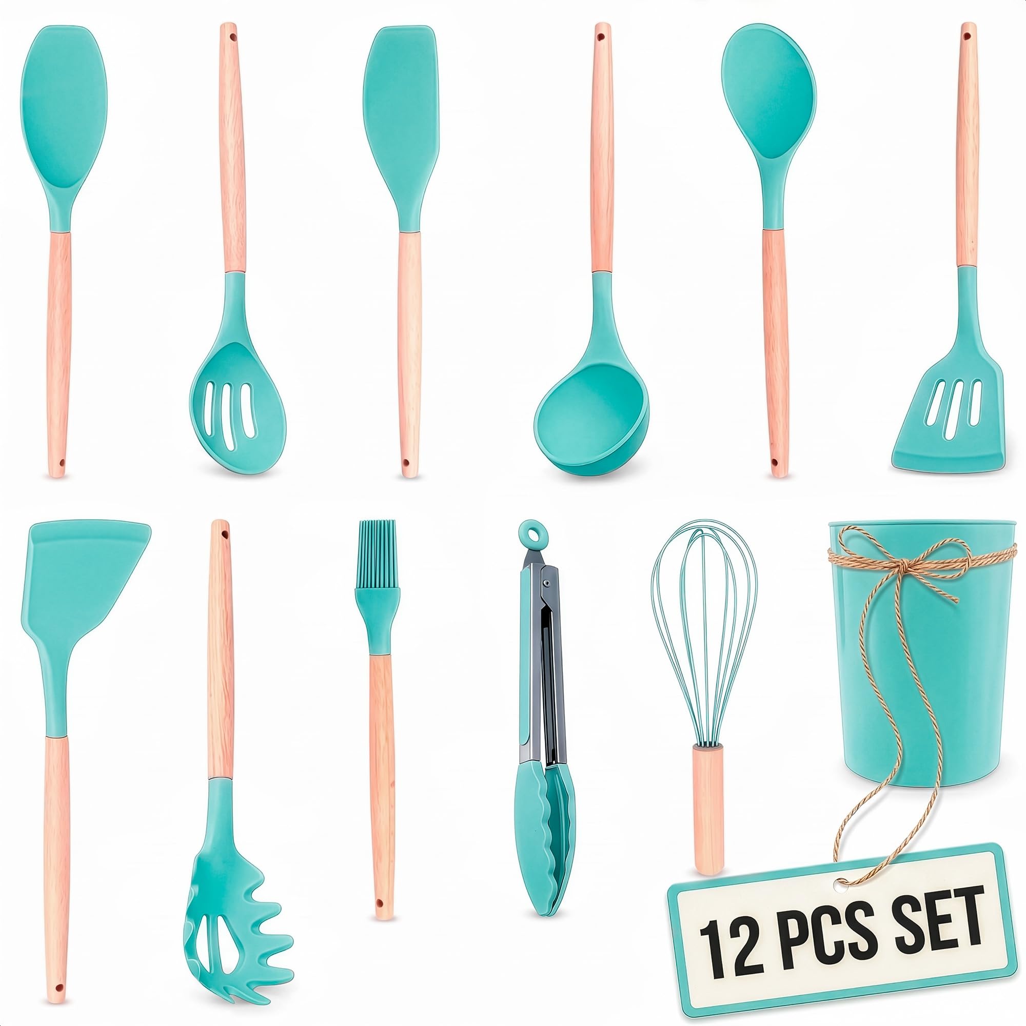 Teal Kitchen Utensils Set with Holder, 12 Pcs, Wooden Handle