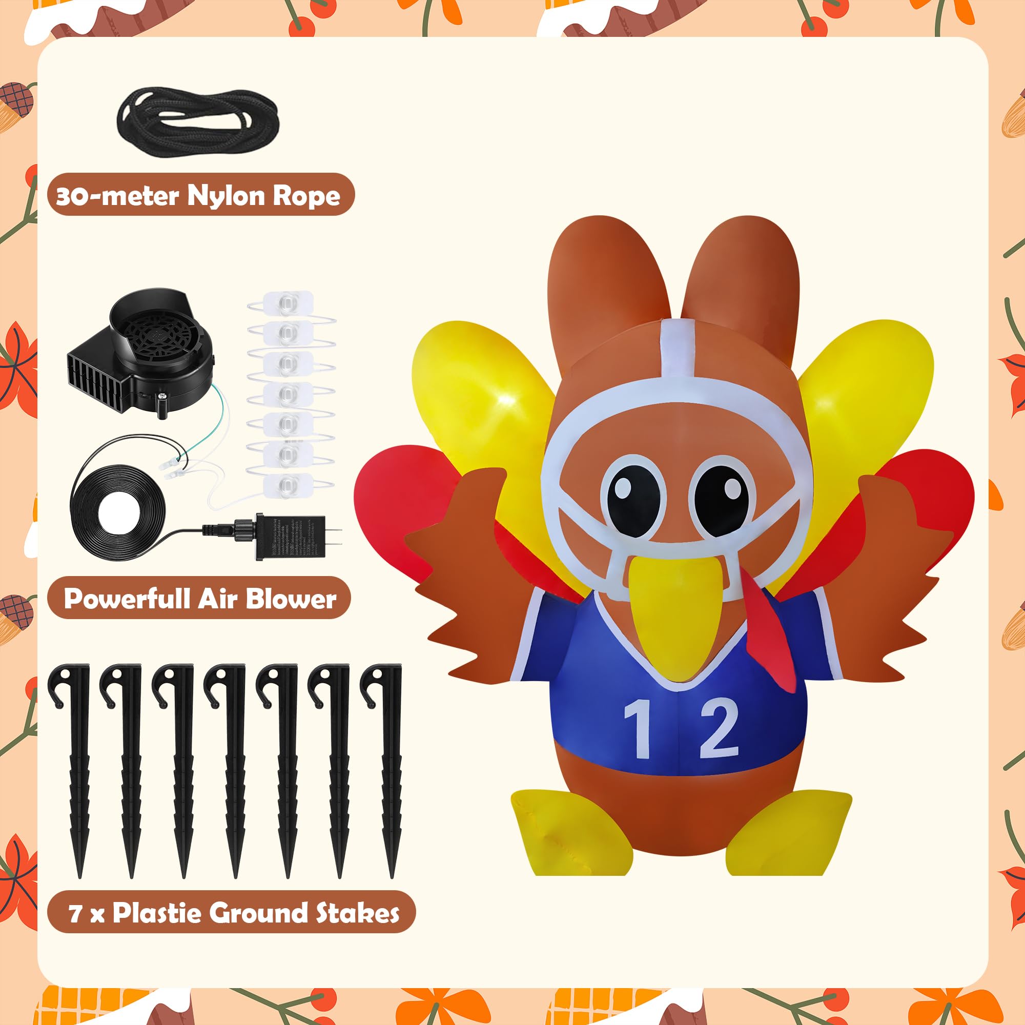 Hacricos 6ft Tall 7ft Wide Thanksgiving Inflatable Turkey Decorations Football Player Turkey Blow up Yard Decor with Led Lights