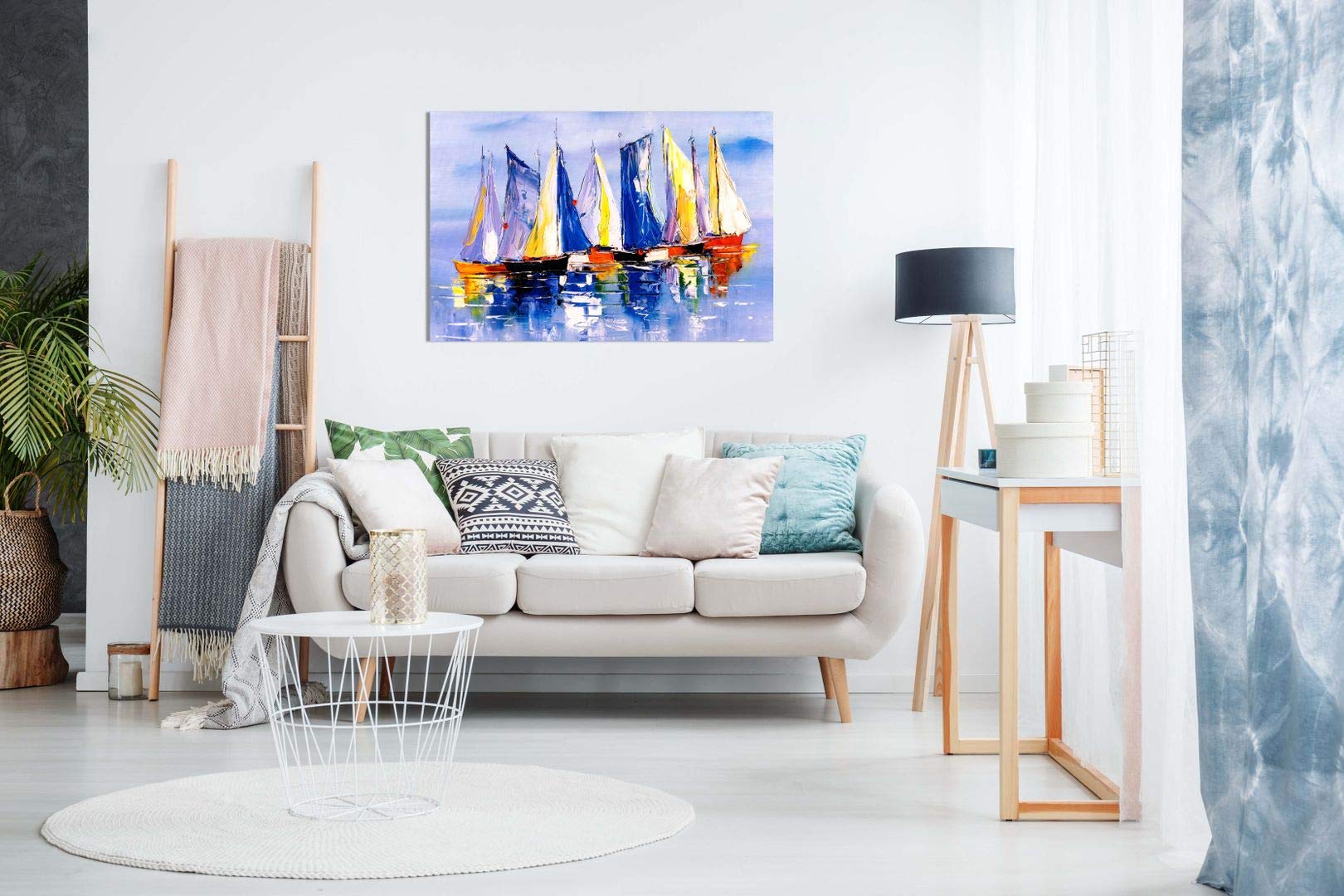 Boats In Sea Oil Painting Canvas Wall Art Picture Print (18X12)