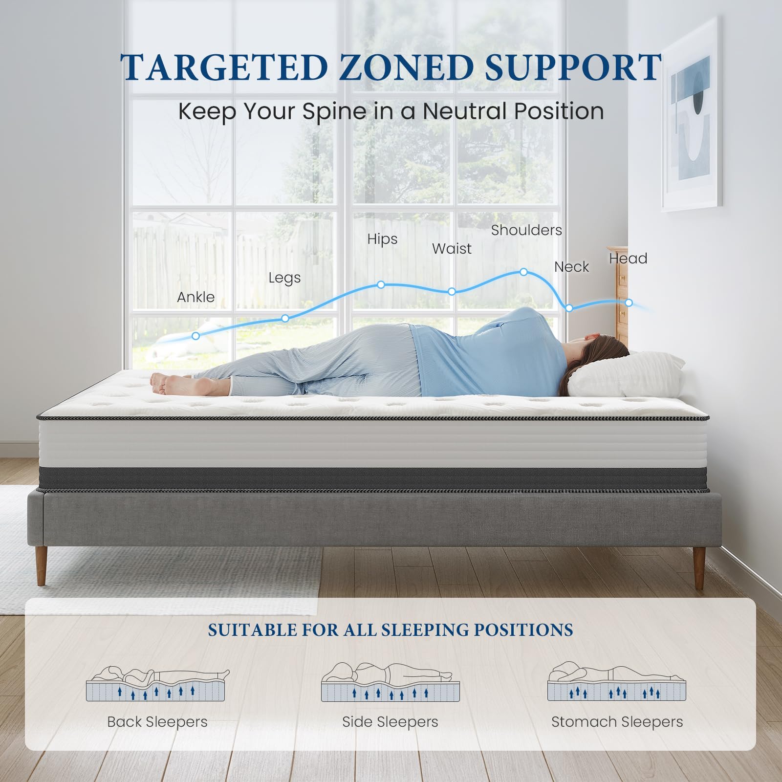 Coolvie Hybrid Queen Mattress 10 Inch - Medium Firm Queen Mattress In A Box, Individual Pocket Springs For Motion Isolation, Zon