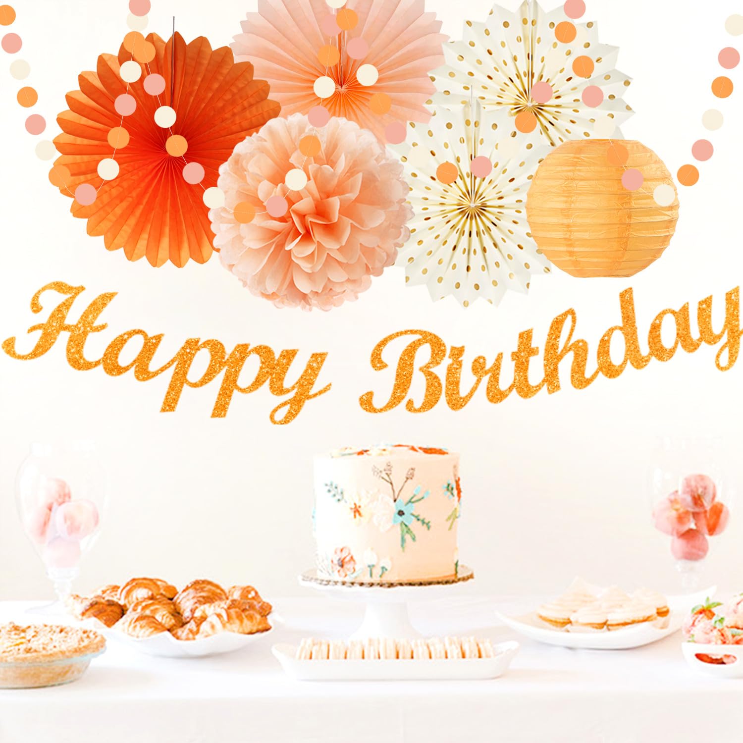 Orange-Beige Fal Boho Birthday Party-Decorations - 21Pcs Autumn One Two Sweet Peach Happy Banner,Girls Groovy Paper Streamers La
