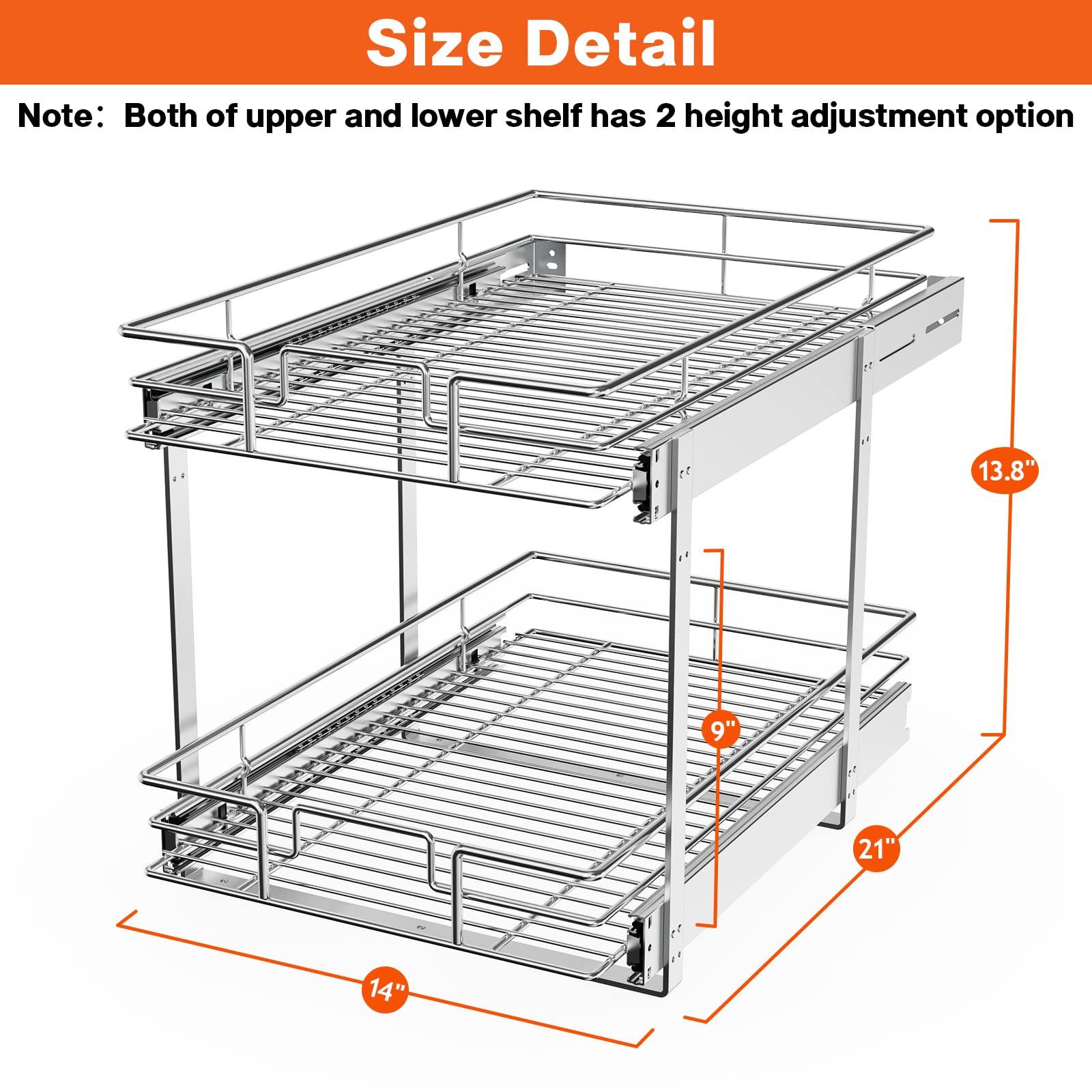 Roomtec Individual Pull Out Cabinet Organizer (14'' W X 21'' D), 2 Tier Spice Rack Organizer For Cabinet, Slide Out Drawer Pantr