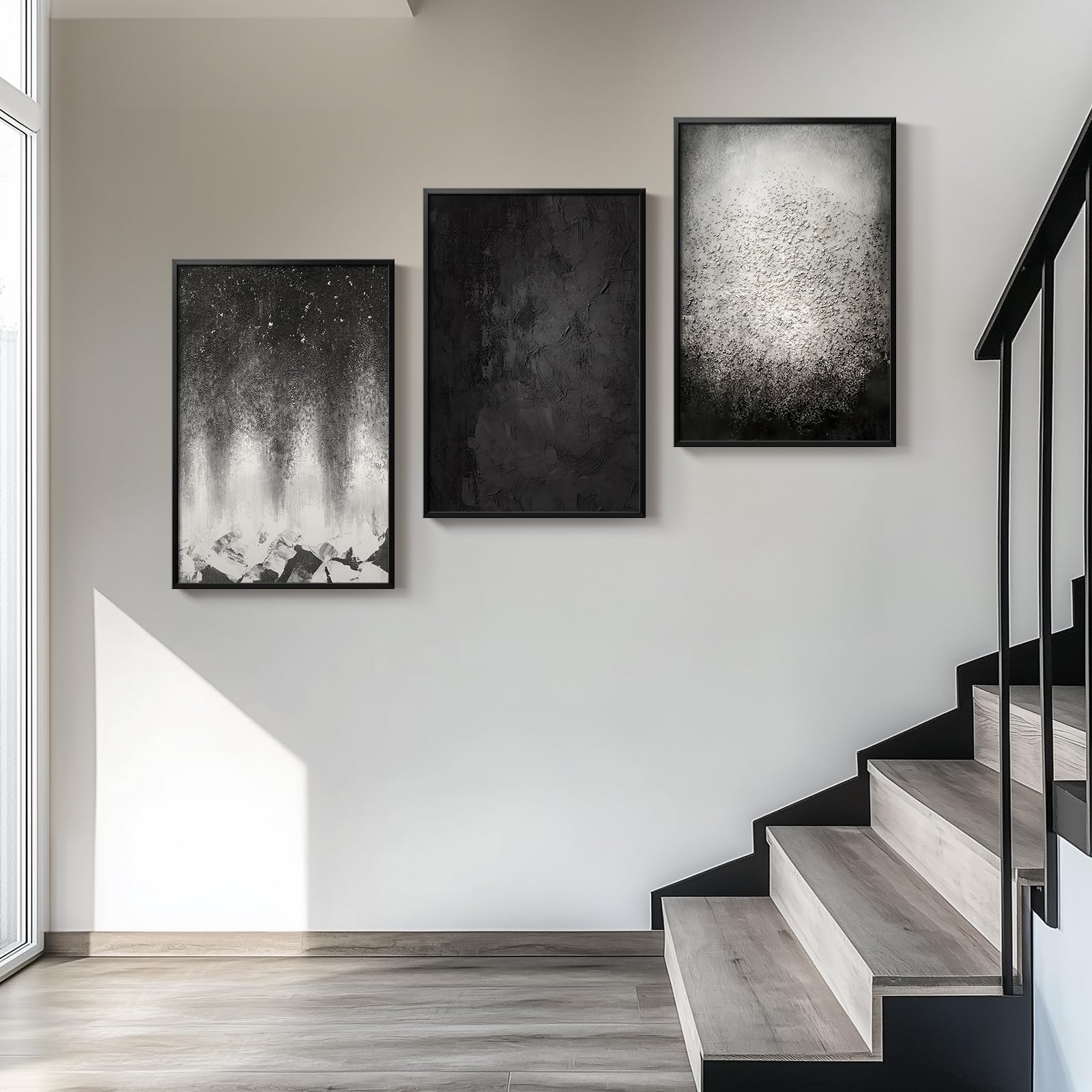 Framed Black And White Abstract Starry Night Wall Art, Set Of 3 Piece Modern Big Canvas Paintings Artwork For Walls, Minimalist