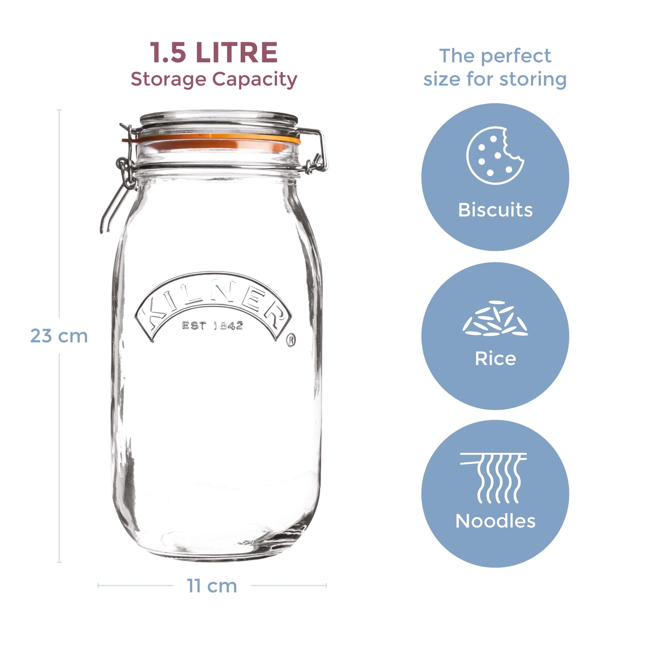 Kilner Round Clip Top Jar, Large Glass Canister With Airtight Seal For Home Canning, Preserving, And Storing, 51-Fluid Ounces, 1