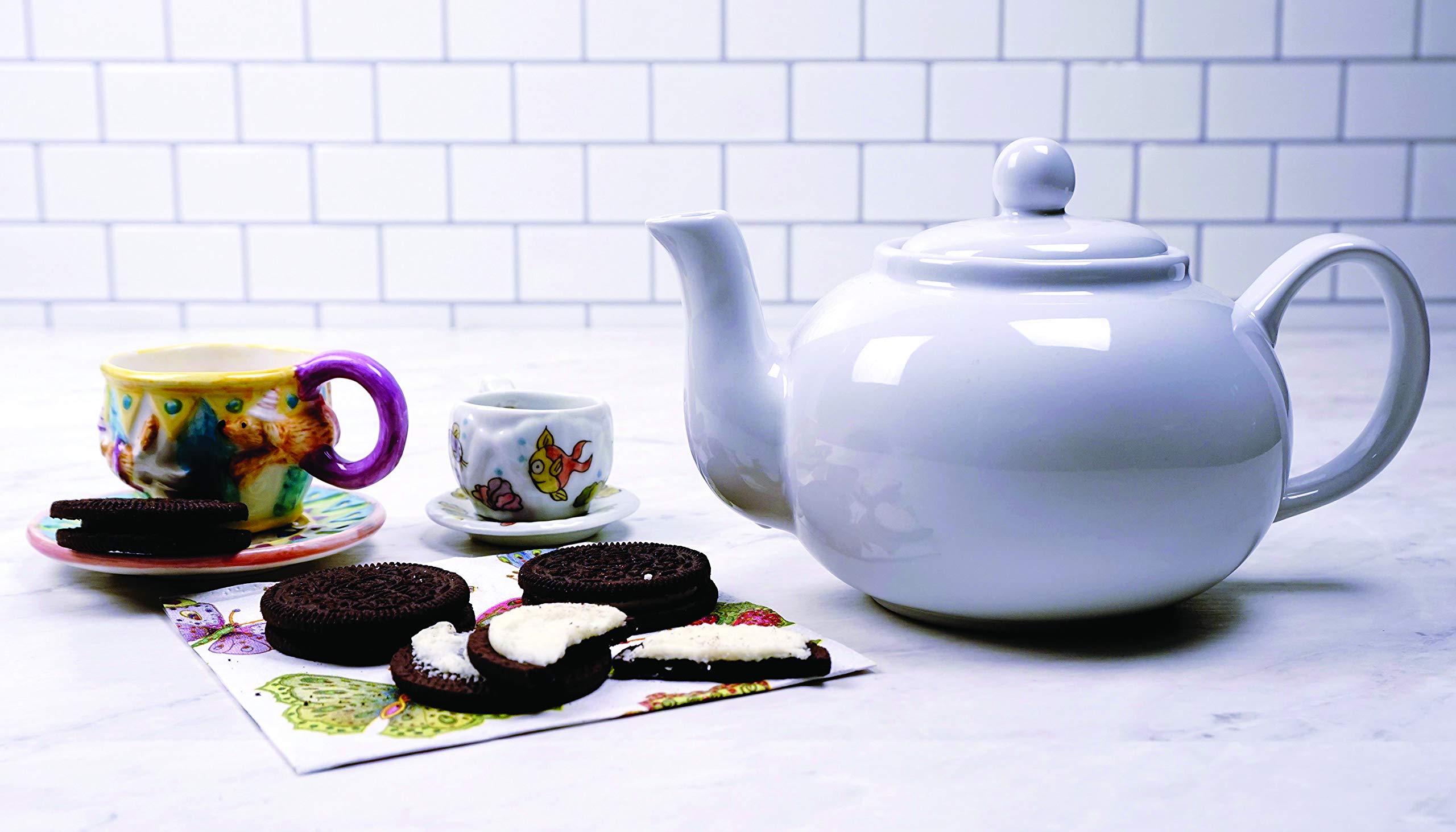 Rsvp International Stoneware Teapot Collection, Microwave And Dishwasher Safe, 16 Oz, White