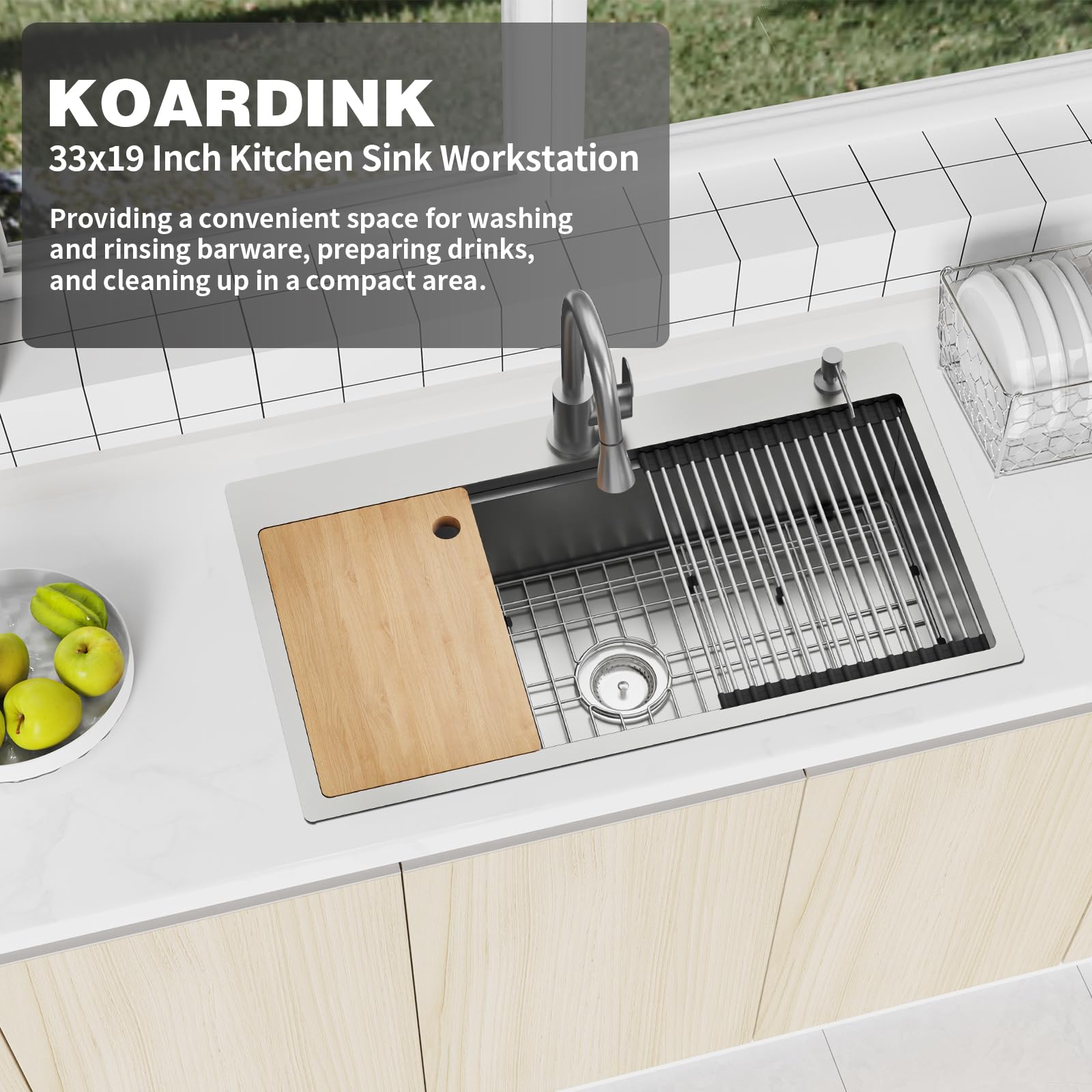 Kitchen Sink Workstation, 33x19 In Stainless Steel Drop In Modern Large Single Bowl Workstation Sink Gift Combo-SS Grid,Drying R