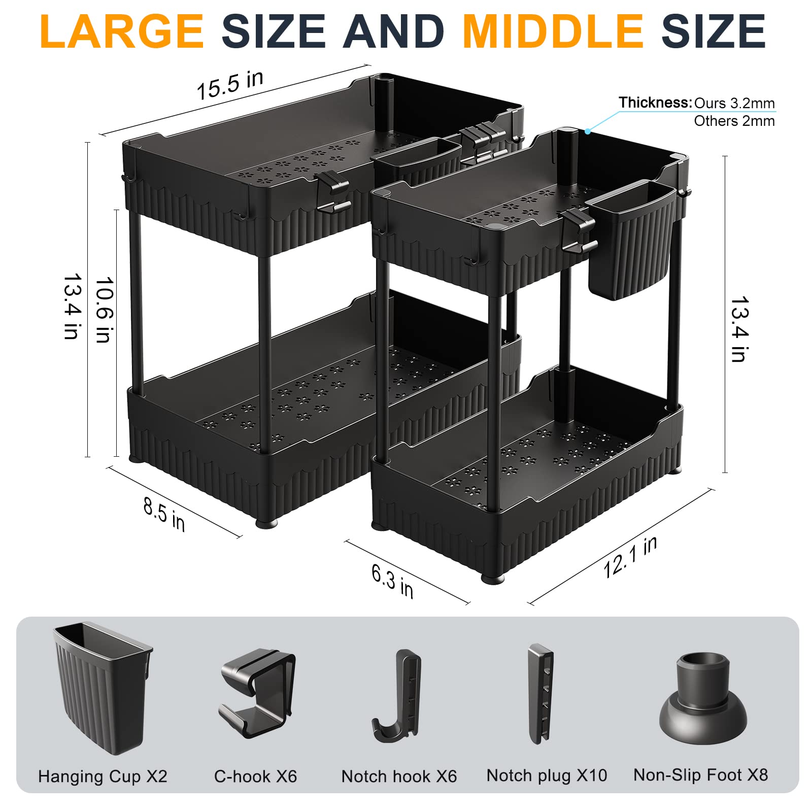 Sevenblue 2 Pack Under Sink Organizer, Under Bathroom Cabinet Organizer With Hooks Hanging Cup, Multi-Purpose Storage Shelf For