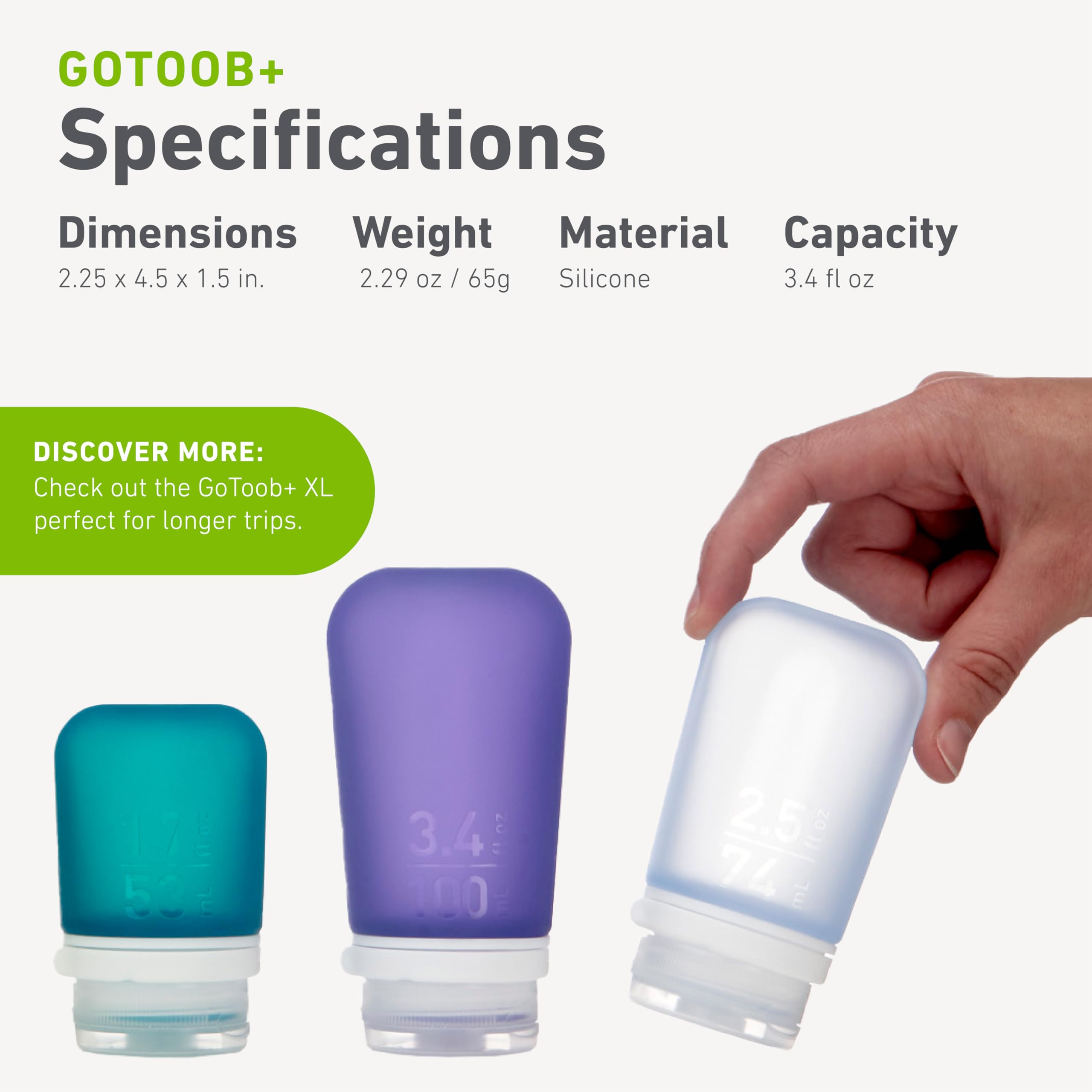 humangear GoToob+ (Large) | Refillable Silicone Travel Bottle | Locking Lid | Food-Safe Material | Clear, Large (3.4 fl.oz.; 100