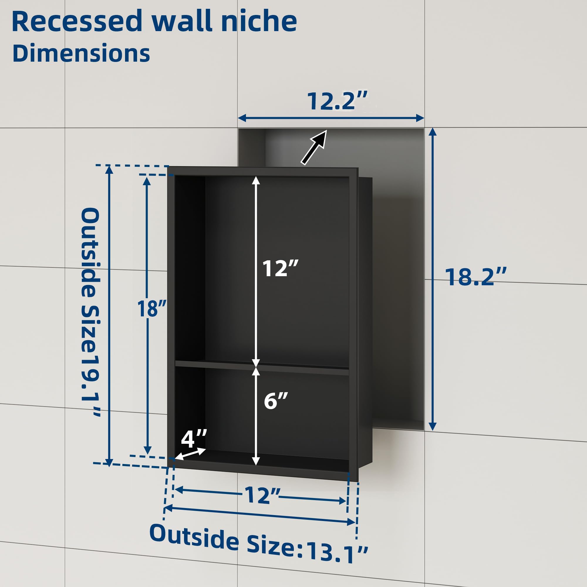 Neodrain 12X18 Inch Matte Black Double Shelf Stainless Steel Shower Niche, No Tile Needed Bathroom Niche, Two Layer Recessed Bui
