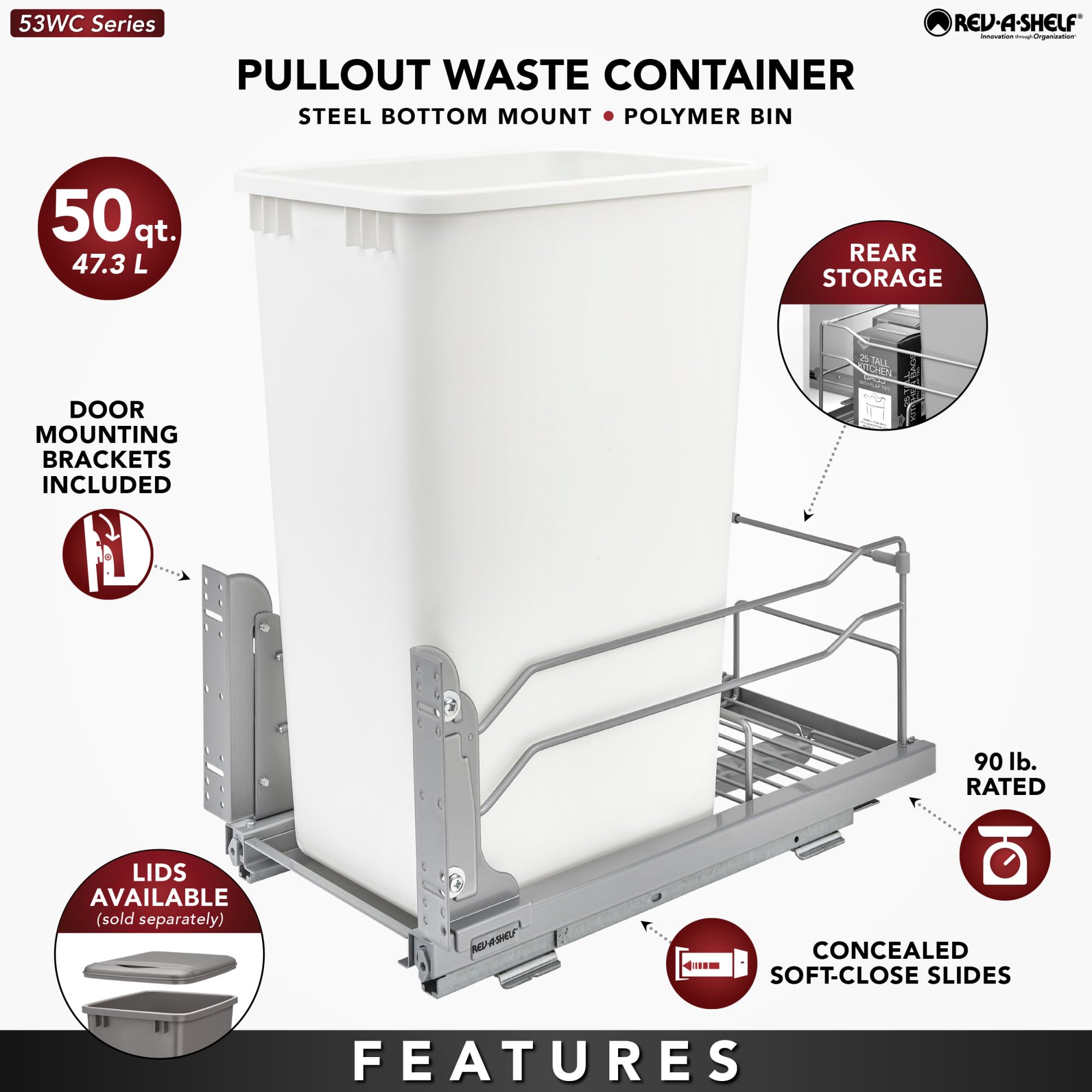 Rev-A-Shelf Pull-Out Trash Can For Full Height Kitchen Cabinets 50 Quart 12.5 Gallon With Soft-Close Slides And Storage, Orion G