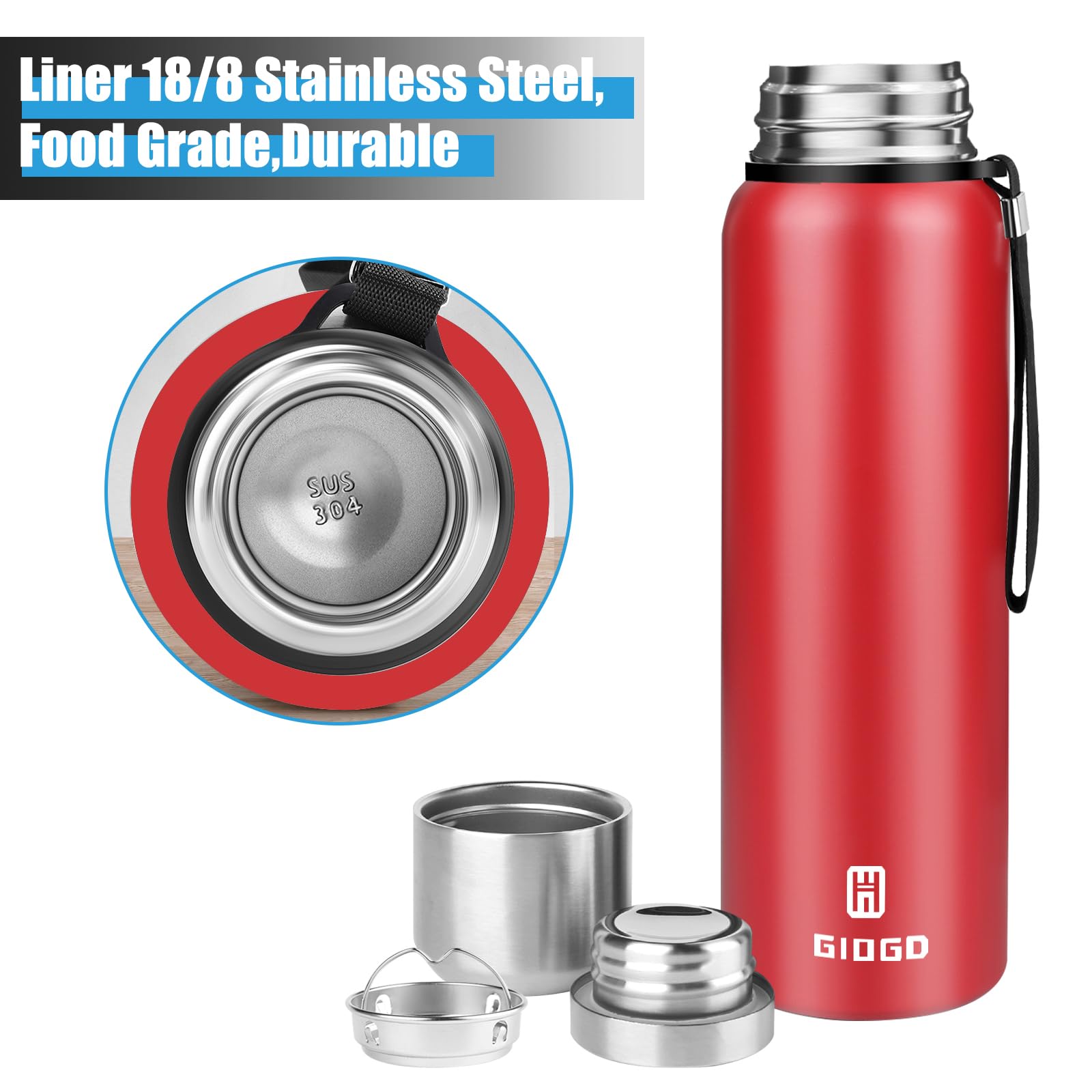 Insulated Vacuum Thermo Bottle 50Oz With Cup Lid Leakproof Stainless Water Flask For Coffee Hot And Cold Drink.(Red,1500Ml)