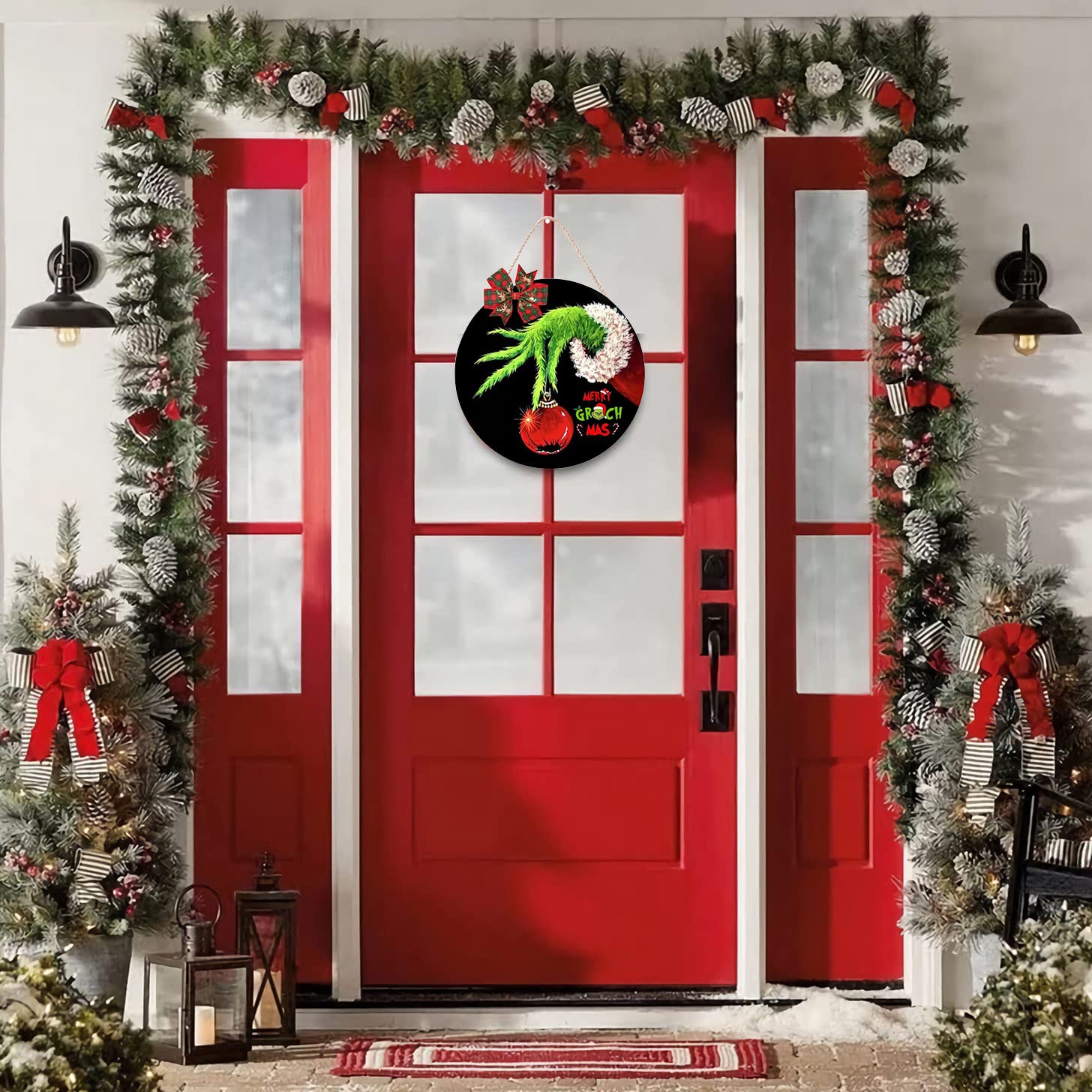 Xmas Decorations - Merry Christmas Wall Decor - Wooden Door Hanging Wreath with Bow for Indoor Party Supplies