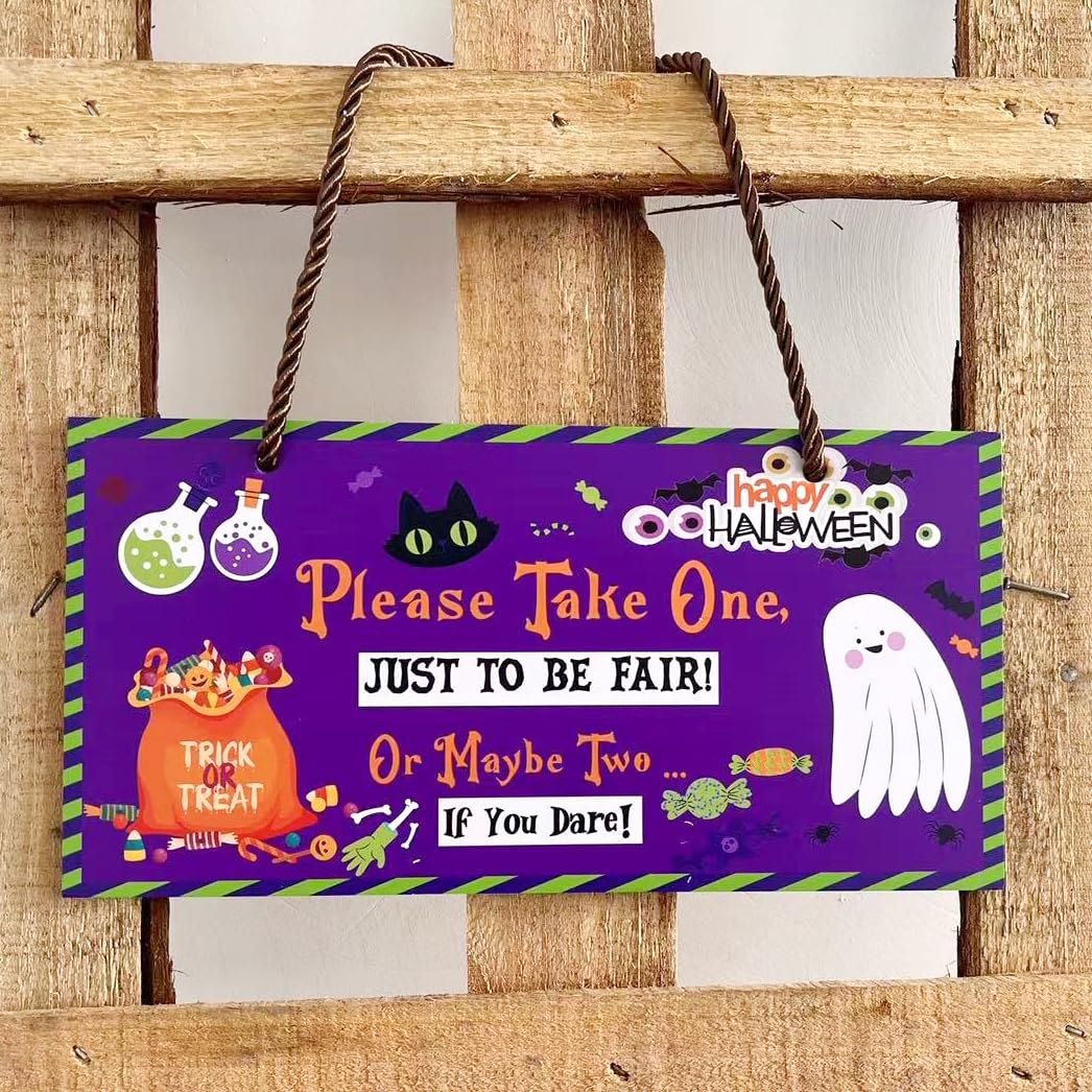 Reversible Halloween Take One/Out of Candy Unattended Candy Bowl Sign, Double-sided Print Durable Hanging PVC Signage for Trick