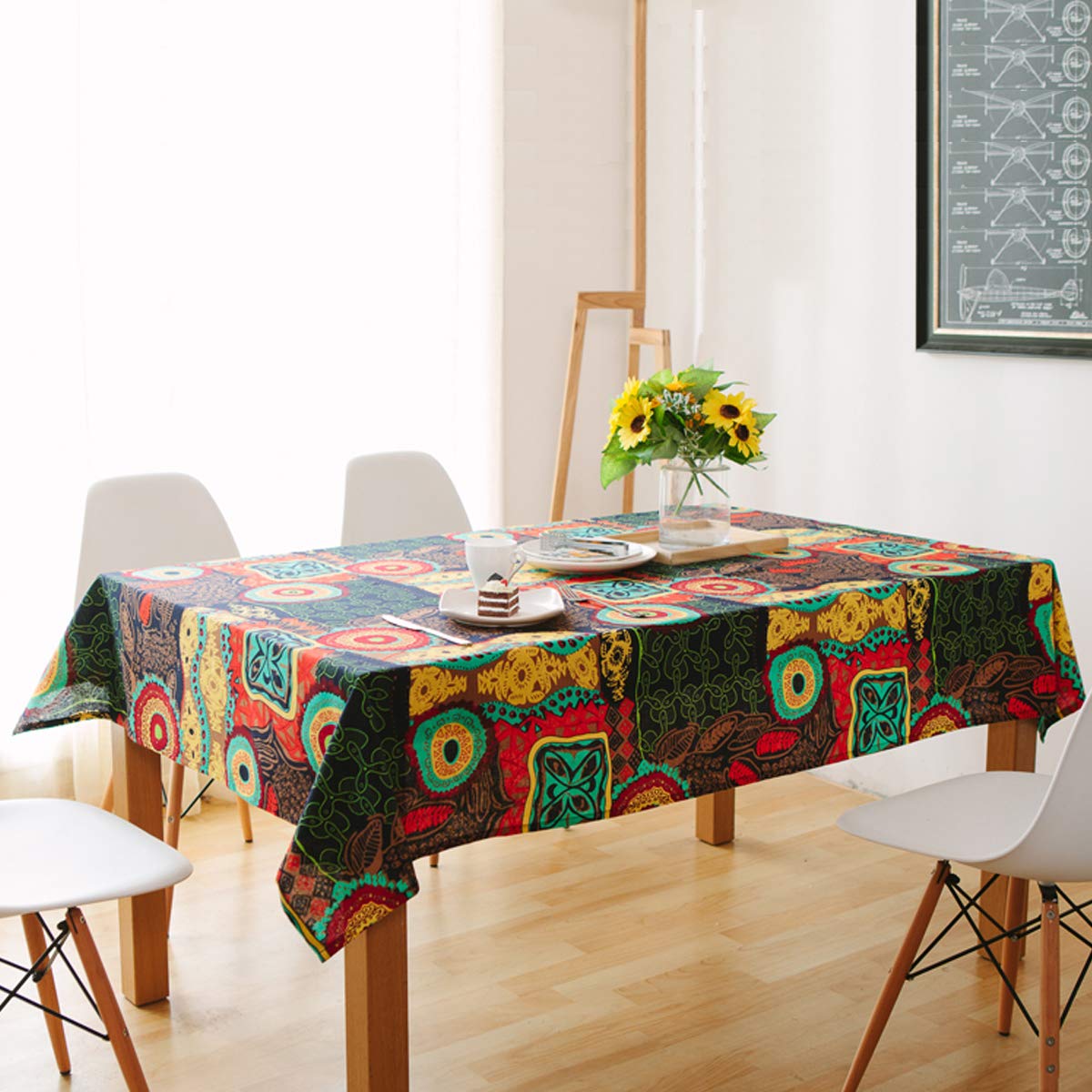 Bringsine Washable Rectangular Cotton Linen Colorful Flower Print Tablecloth  Vintage Dinner Picnic Table Cloth Home Decoration(Square  55 x 55 Inch)