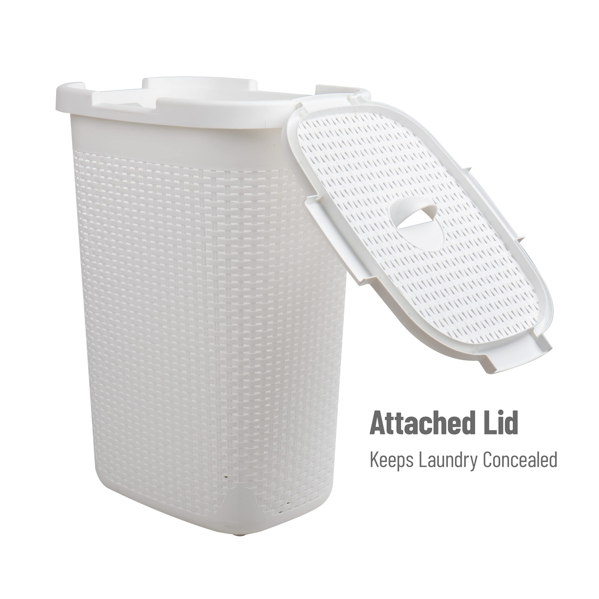 Mind Reader 60L Slim Laundry Hamper, Clothes Basket, Lid, Wicker Design, Plastic, 17.65''L X 13.75''W X 24.15''H, White