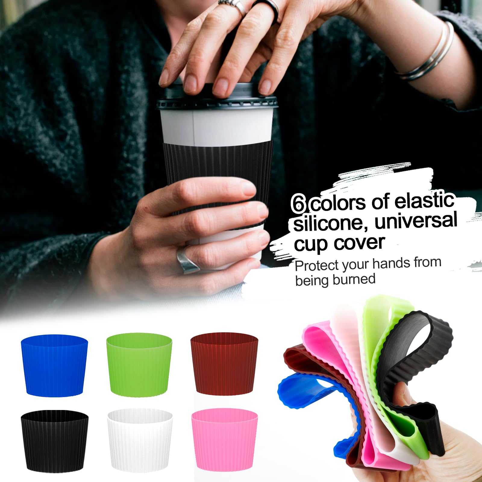 Pravics 6Pcs Reusable Coffee Cup Silicone Sleeves Heat Resistant Insulates Protective Sleeve Nonslip Protector Cover Fit For Tra