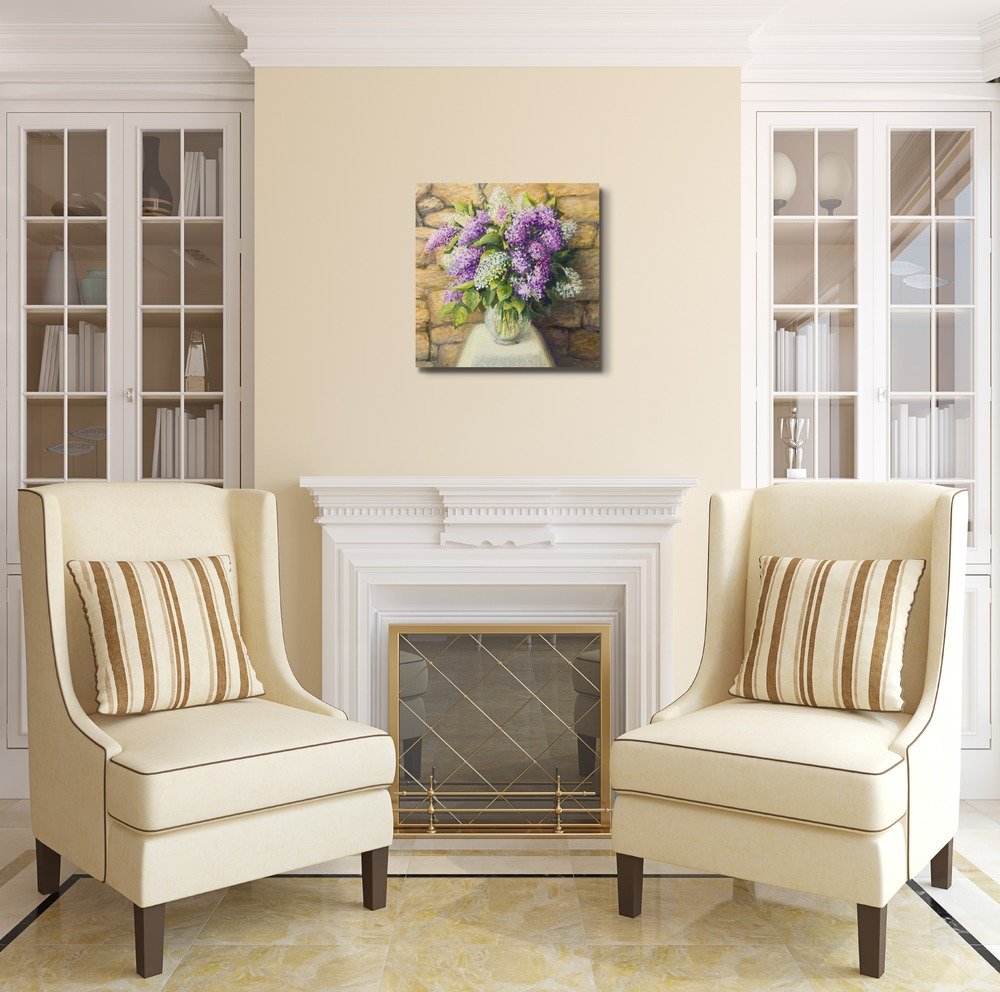 Beautiful Still Life With Blooming Lilacs In A Nice Glass Vase Over A Stone Tiled Wall - Canvas Art Wall Art - 24'' X 24''