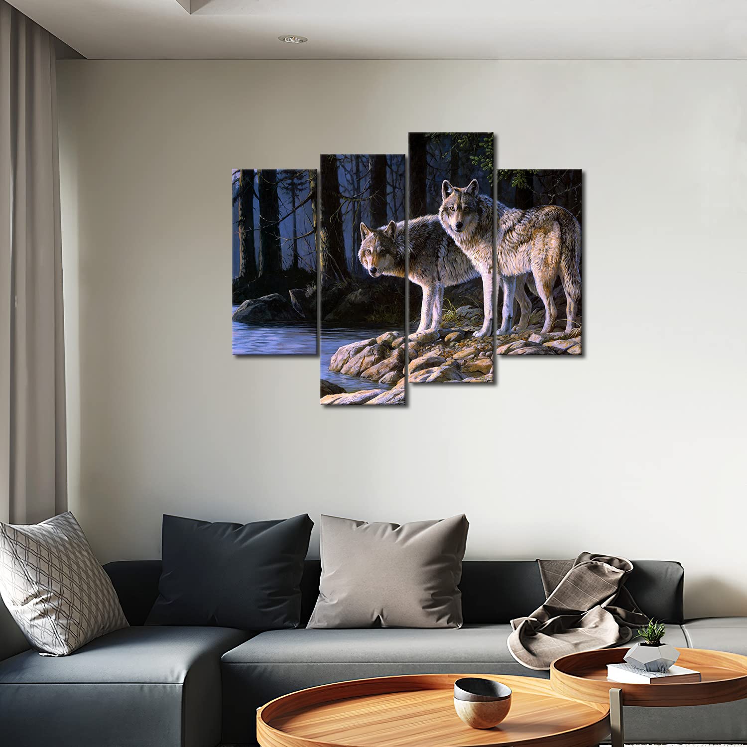 Two Wolf Stand On River Bank Forest Wall Art Painting Wolves Pictures Print On Canvas Animal The Picture for Home Modern Decoration