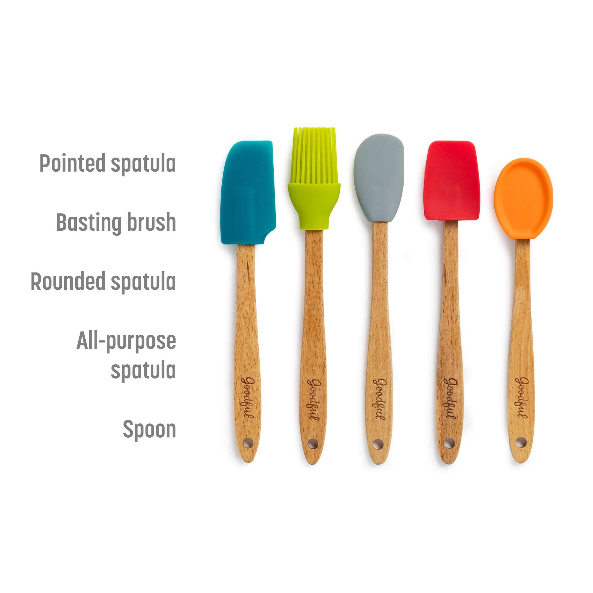 Goodful Silicone And Beechwood Mini Kitchen Utensil Set, Great For Cooking, Baking Or Reaching Into Small Jars, Easy To Clean, S