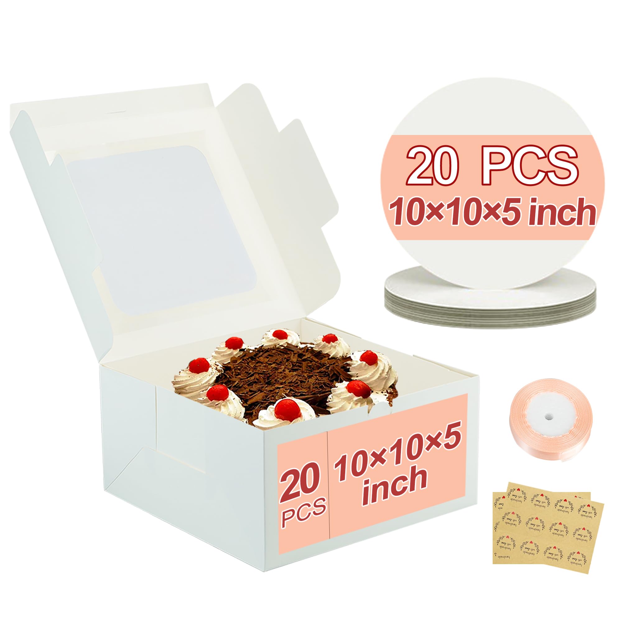 KGVZPT 10x10x5 inch Cake Boxes,20 Pack Cake Boxes with Window,and 10 Inch Round Cake Boards,Cake Decorating Supplies for Gift Gi