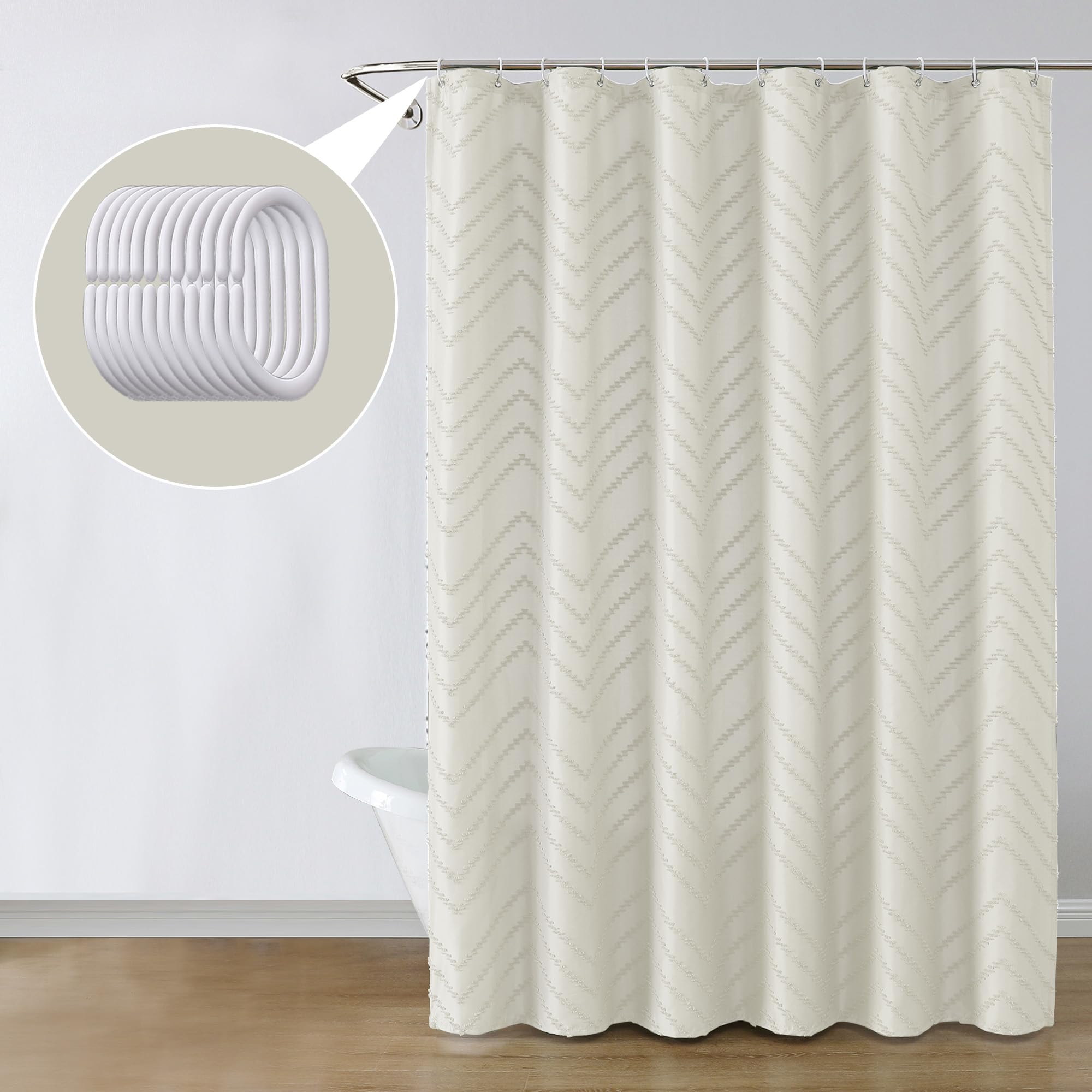 Chyhomenyc Chevron Extra Long Beige Boho Shower Curtain Set 72X78 Inches, Fabric Shower Curtain Modern Farmhouse Chic Textured T