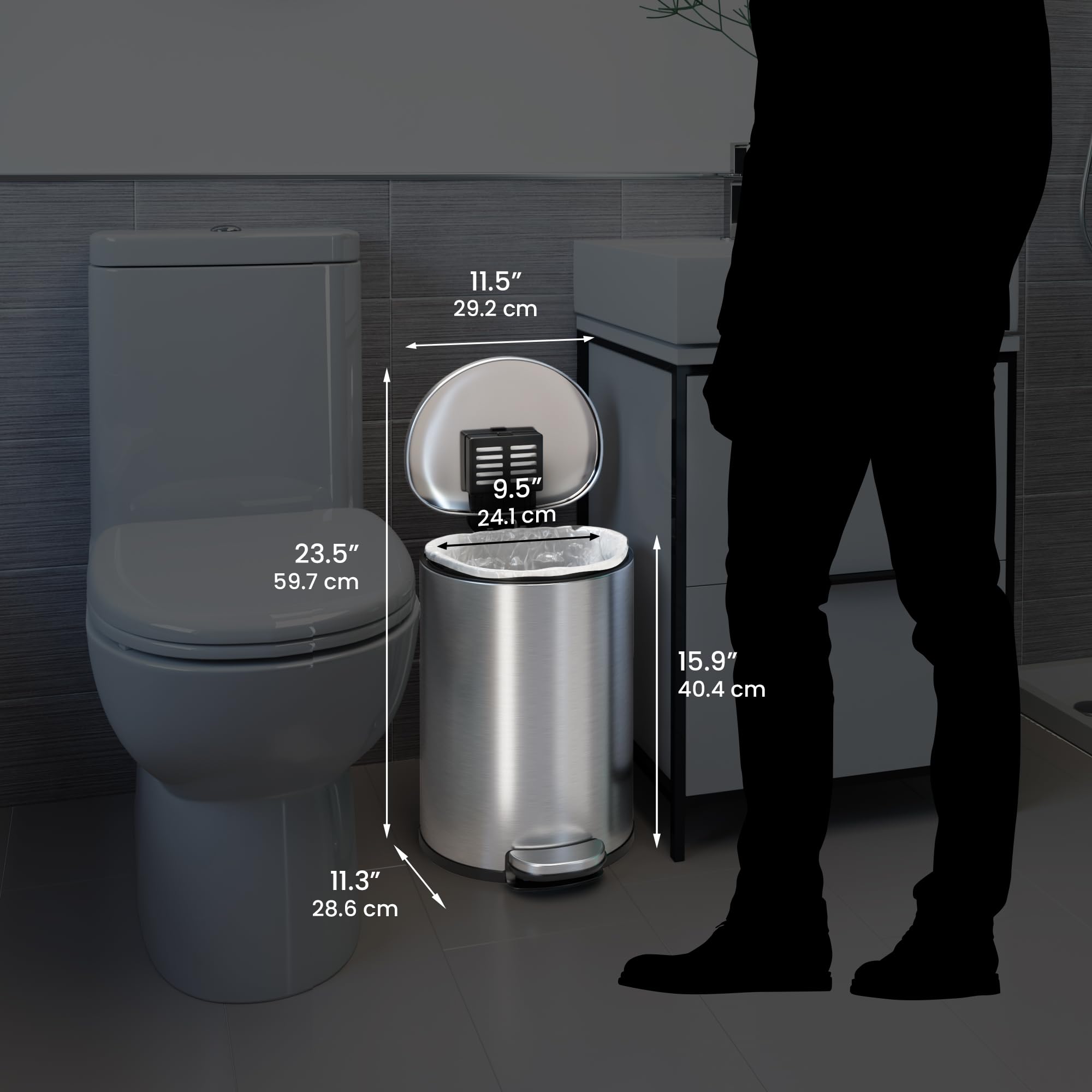 iTouchless SoftStep 3 Gallon Small Semi-Round Bathroom Step Trash Can with Removable Inner Bucket and AbsorbX Odor Filter  Stainless Steel  11 Liter Pedal Garbage Bin for Bedroom  Office Cubicle