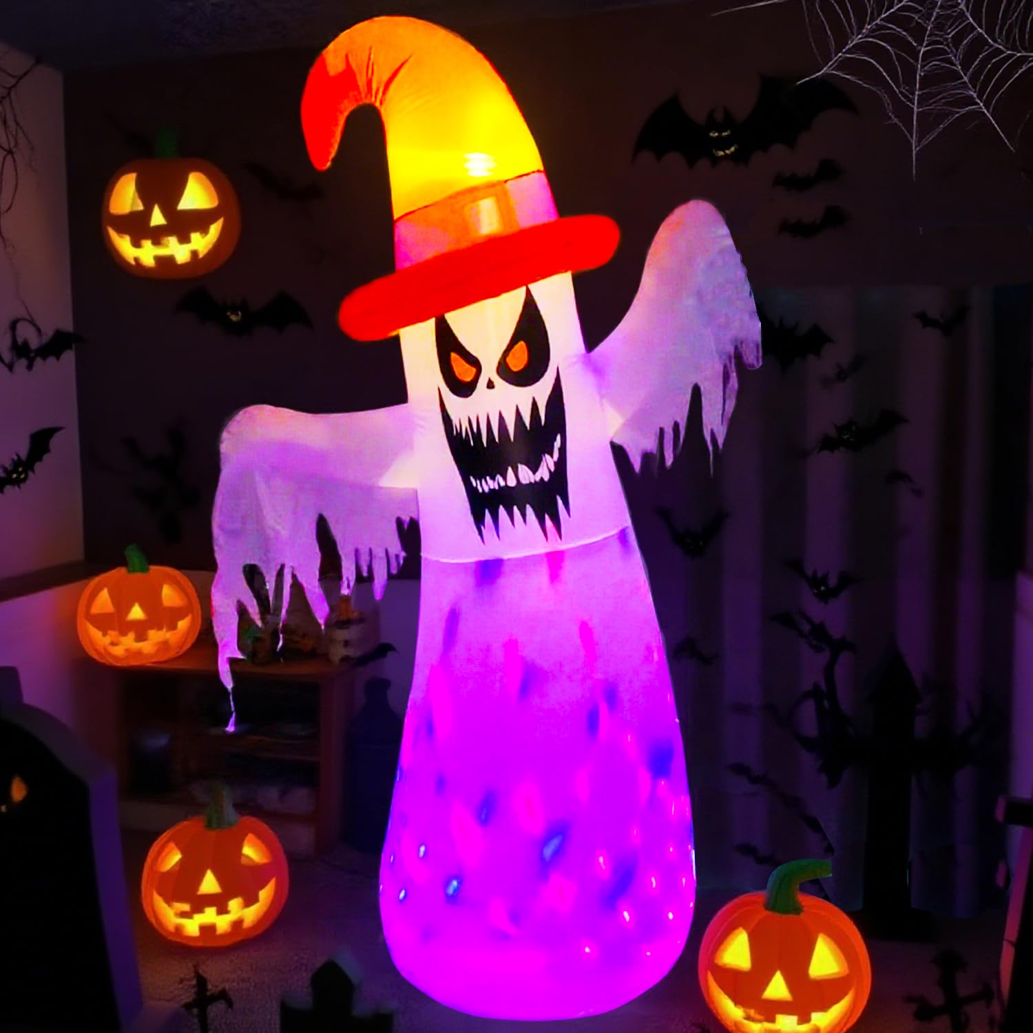 JUST FOR PARTY 8.2 Ft Halloween Inflatable Giant Ghost Outdoor Decorations, Blow Up Spooky Wizard Ghost with Yellow Cap and Buil