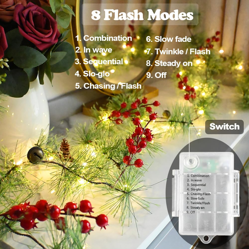 HamiFinee Christmas Garland with LED Fairy Lights Battery Operated Smokey Pine Garlands with 8 Flash Modes and Timer Red Berries
