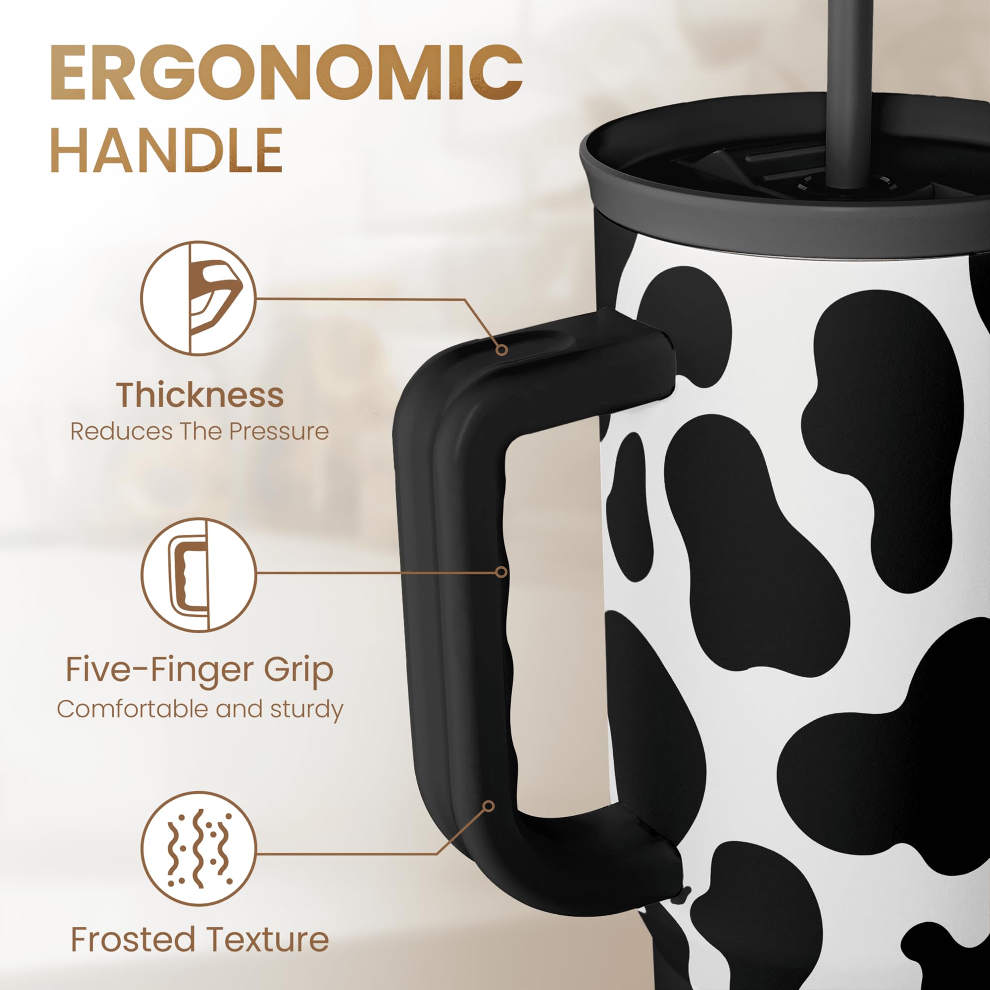 SANDJEST Cow Tumbler with Handle 40oz, Cow Print Cup Stainless Steel Tumblers Coffee Travel Cups with Slider Lid, Cow Gifts for