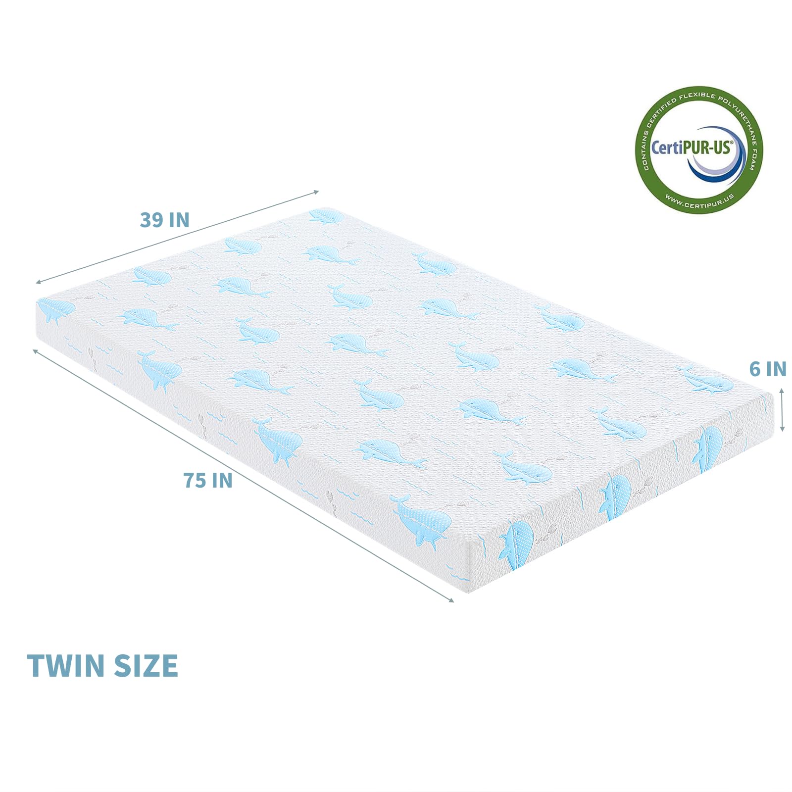 Ouui 6 Inch Twin Mattress For Kids, Removable Washable Cover With Whales Pattern Cooling Memory Foam Medium Feel, Bed-In-A-Box,
