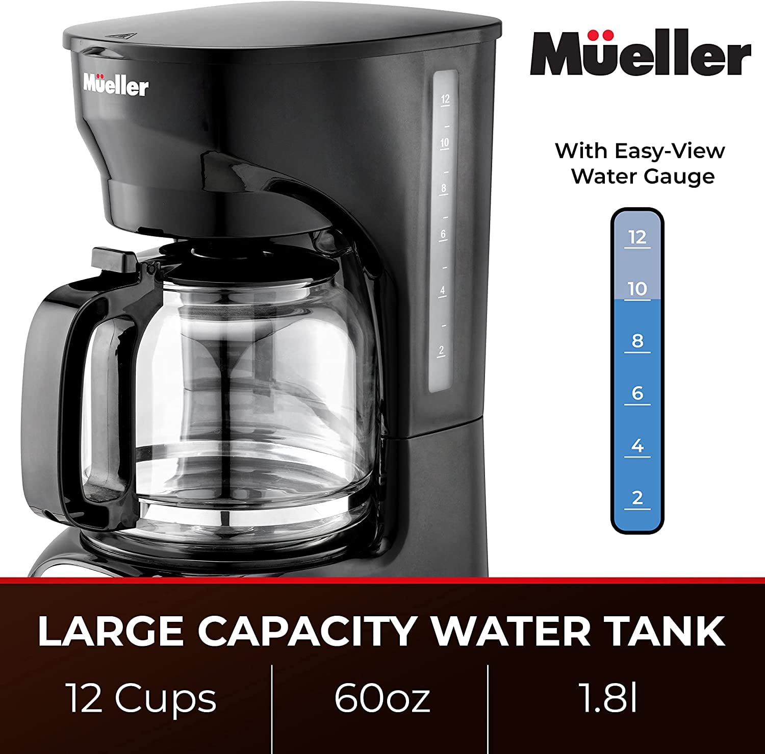 Mueller 12-Cup Drip Coffee Maker  Auto Keep Warm Function  Smart Anti-Drip System  with Permanent Filter and Borosilicate Glass Carafe  Clear Water Level Window Coffee Machine