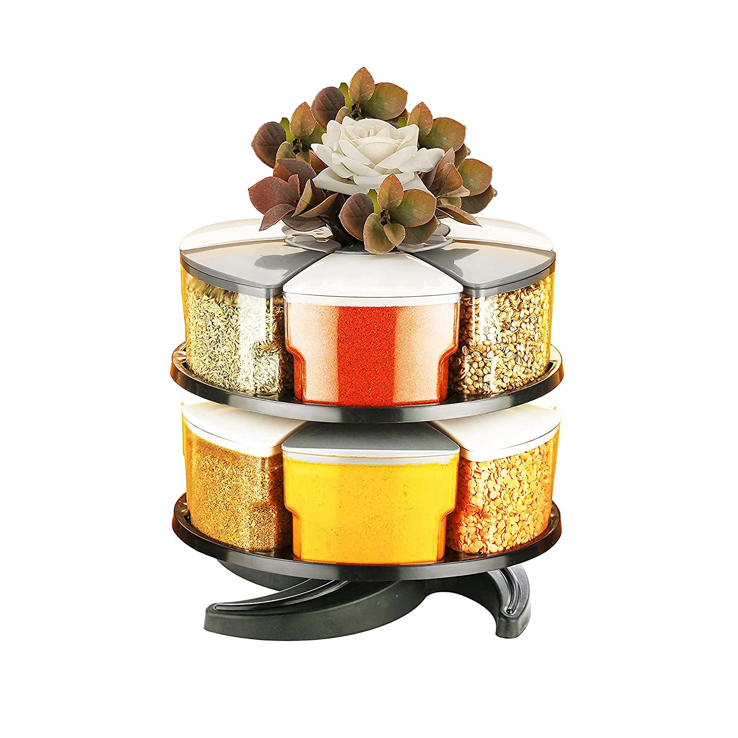 Dcloud Hub 360 Degree Revolving Round Shape Transparent Pack Of Jar Spice Rack/Container (Grey, 2 Layer Spice Rack)