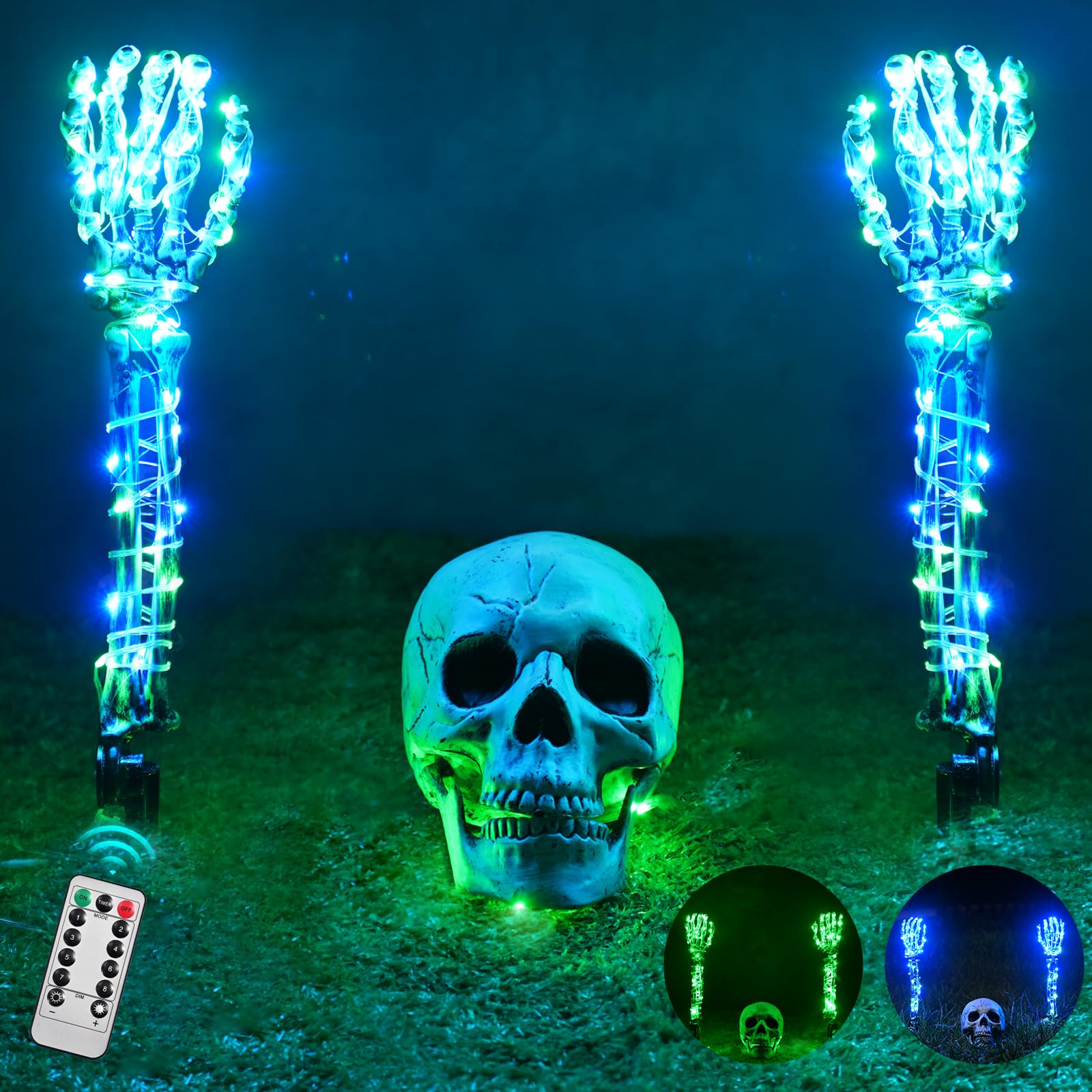 Halloween Lighted Skeleton Hands Set, 4 Pack Light Up Skeleton Arm Stakes, 4 x 3m 240 LED Green & Red Lights with 3 Modes, Reali