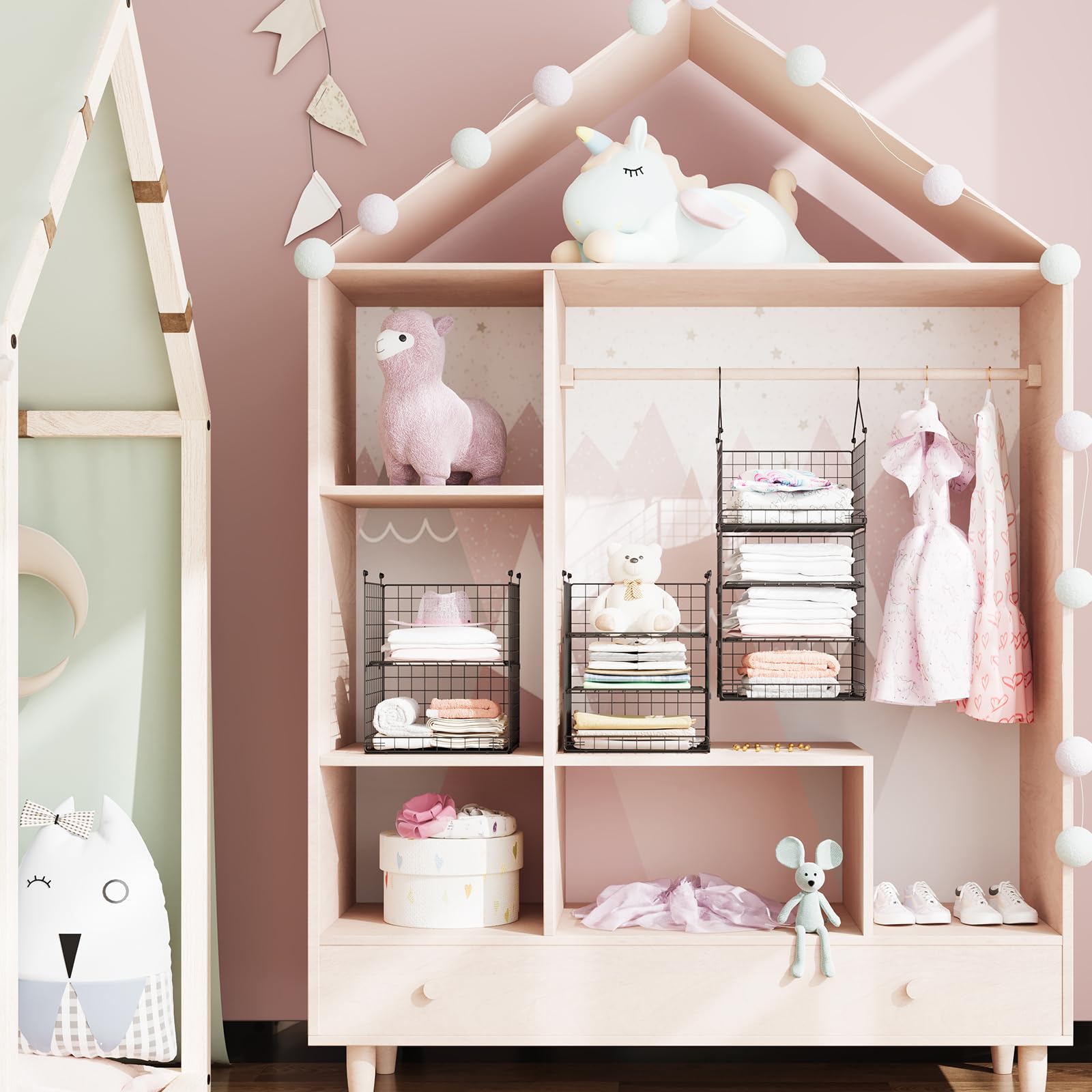 5 Tier Closet Hanging Organizer And Storage Separable Hanging Closet Shelves With 4 Hanging Hooks 2 Adjustable Dividers, Wire St