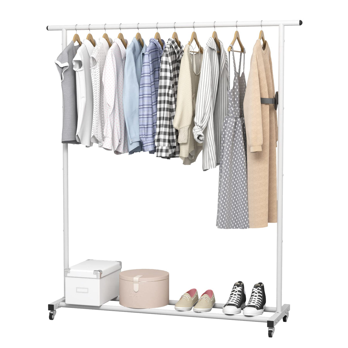 Buzowruil Clothing Rack Clothes Rack Standard Rod Simple Rolling Metal Garment Rack Organizer Freestanding Hanger With Wheels,Wh