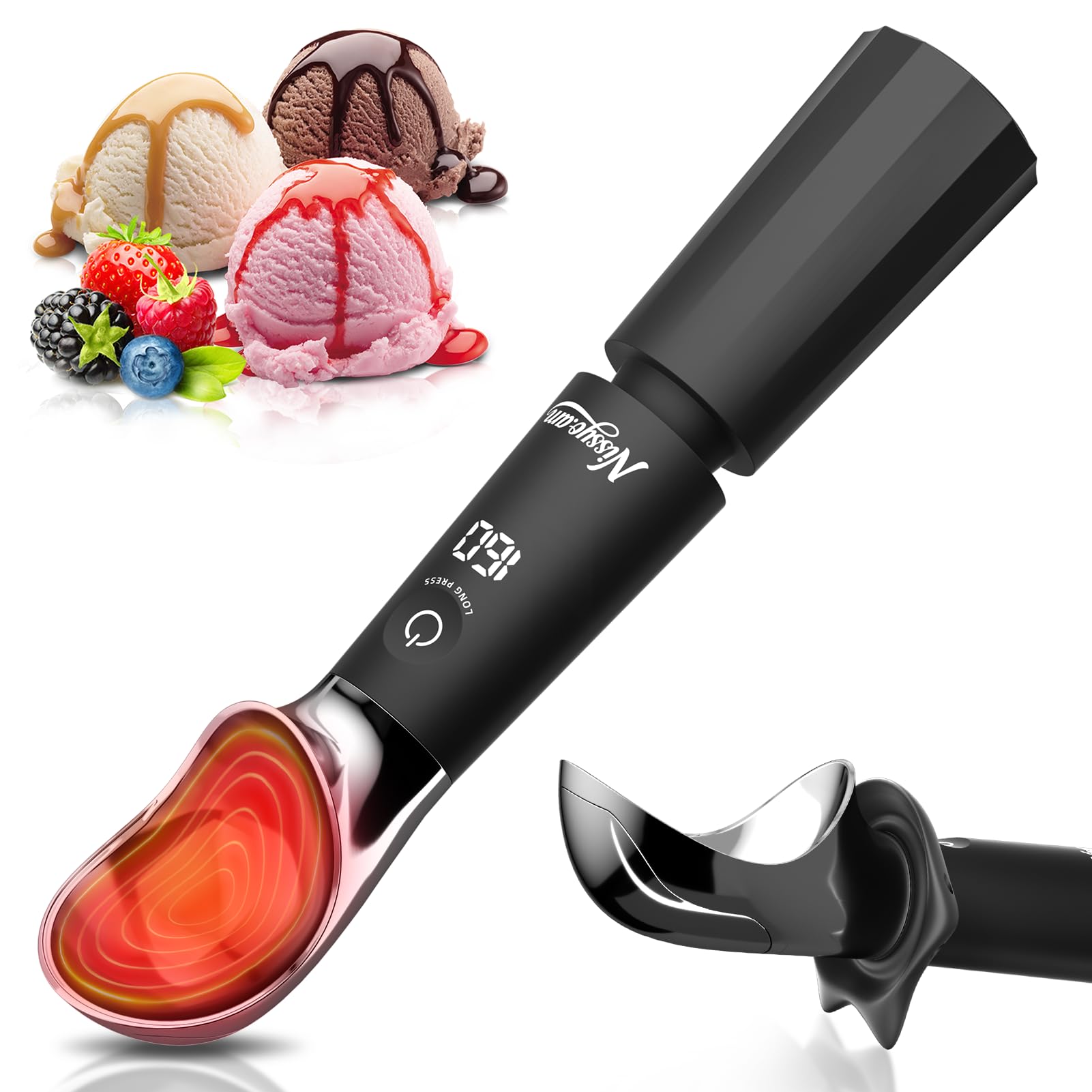 NISSYO.AM Heated Ice Cream Scoop Rechargeable, Electric Ice Cream Scooper with Removable Battery &Drip-Proof Stand, OneTouch 3 F