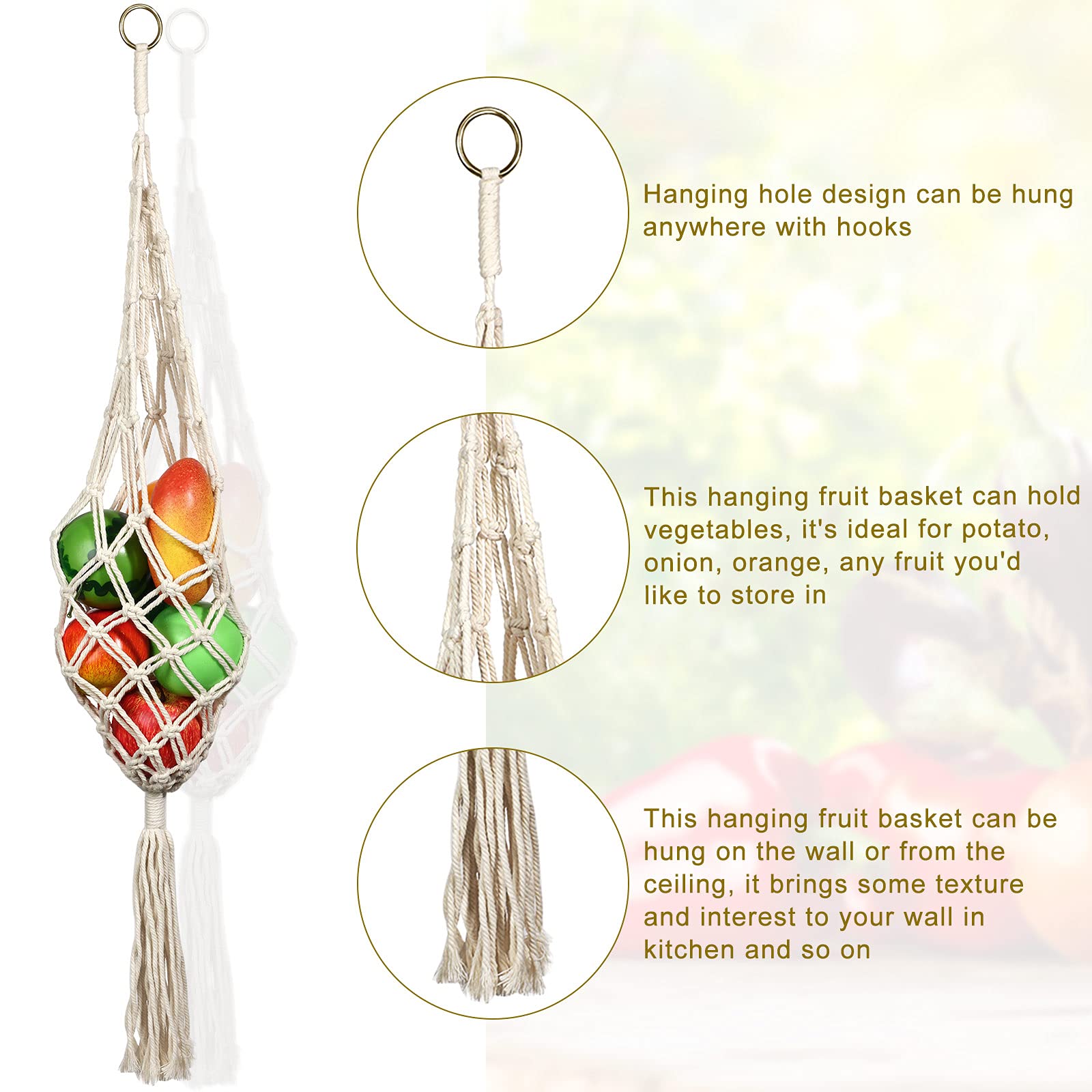 2 Pieces Hanging Fruit Basket Macrame Hanging Fruit Basket Vegetable Breathable Storage Basket For Potato Onion And Fruit Storag
