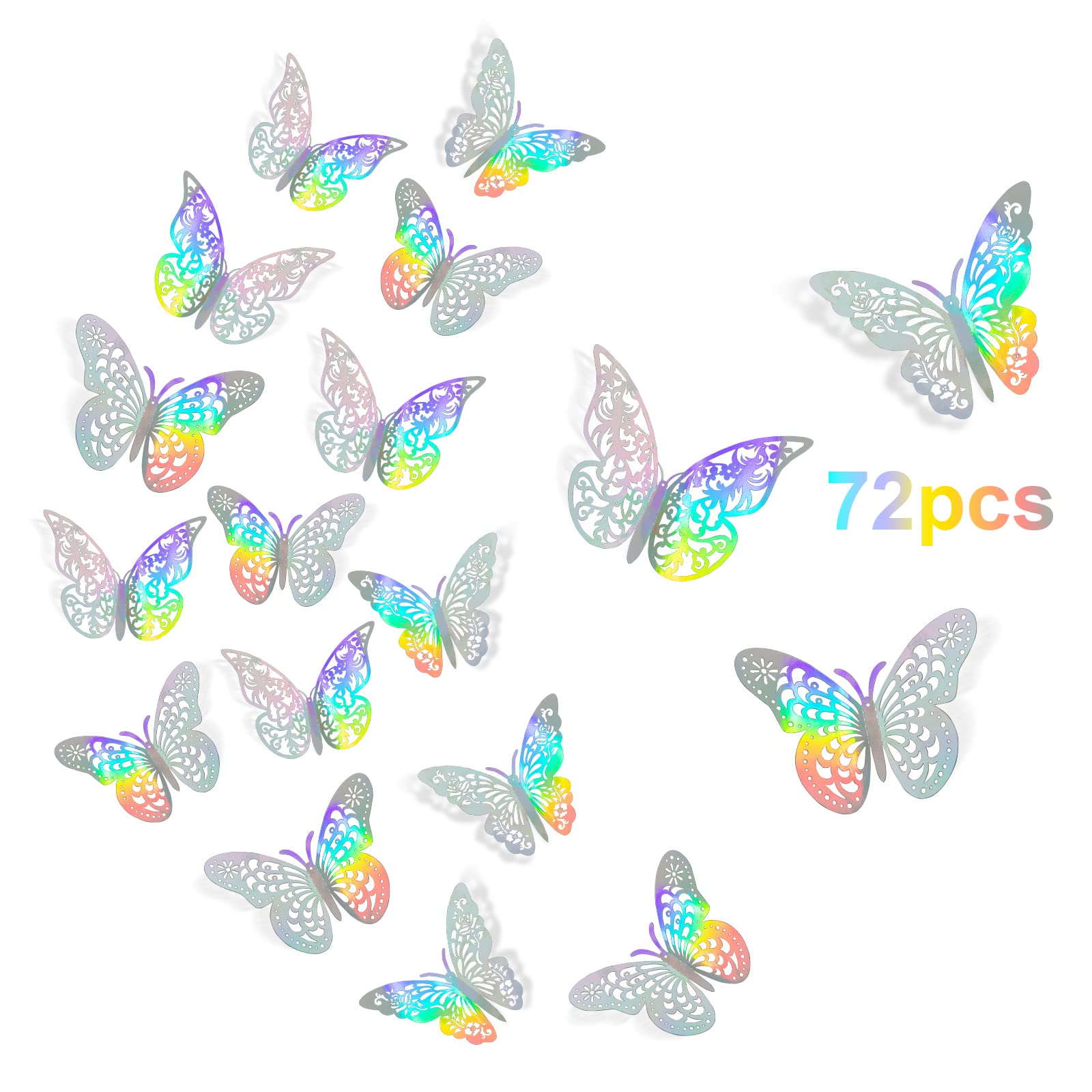 Insuwood 72 Pcs 3D Butterfly Wall Decor Stickers, 3 Styles 3 Sizes Silver Butterfly Decorations For Butterfly Party Birthday Cak