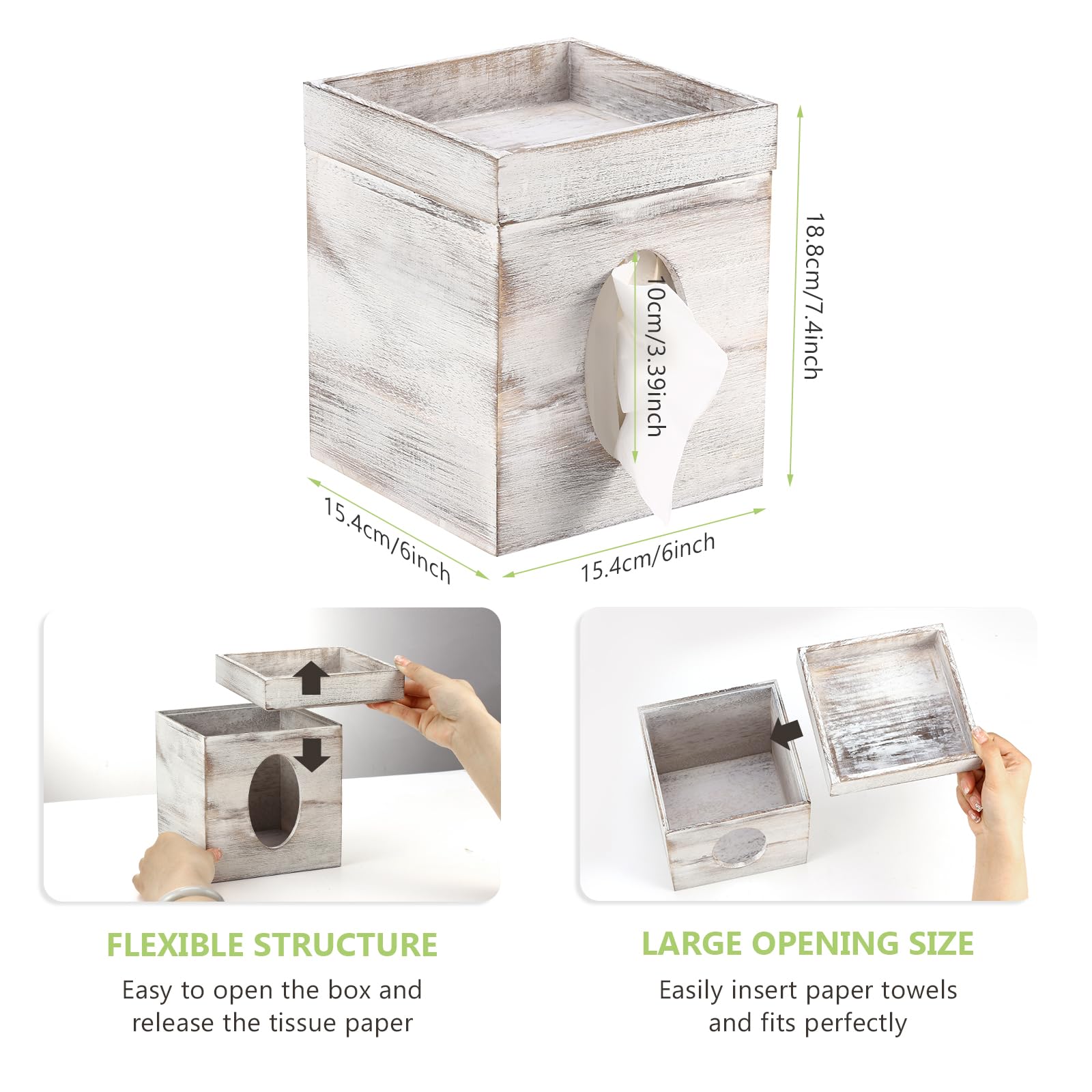 Tissue Box Cover, White Washed Solid Tissue Box Cover With Storage Tray Square Tissue Box Covers Holder For Bathroom, Bedroom, D