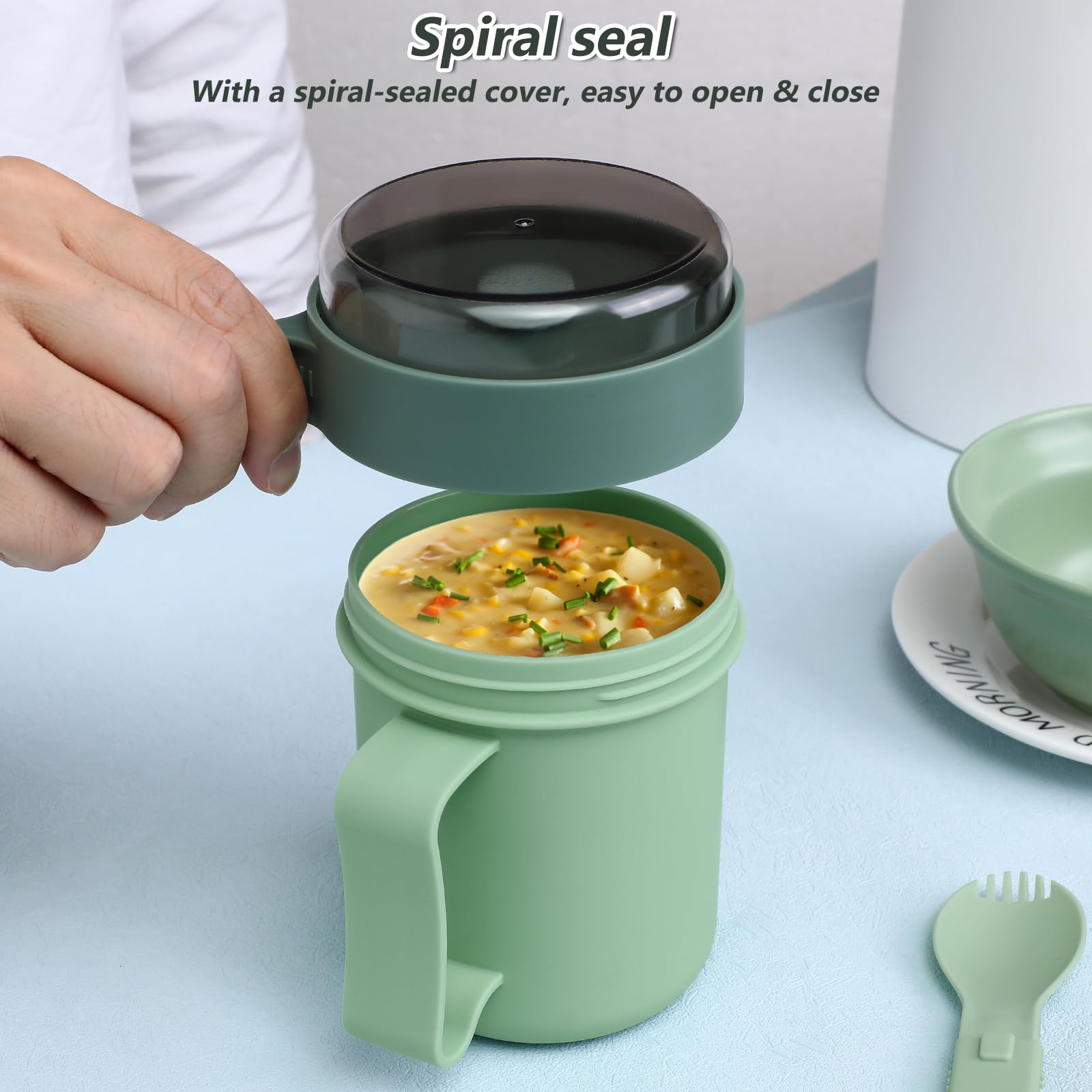 Cabilock Microwavable Soup Mug with Lid, Portable Food Bowl for Noodles, Hot Cereal, 13.8x9cm, Green, Model H100110WTN
