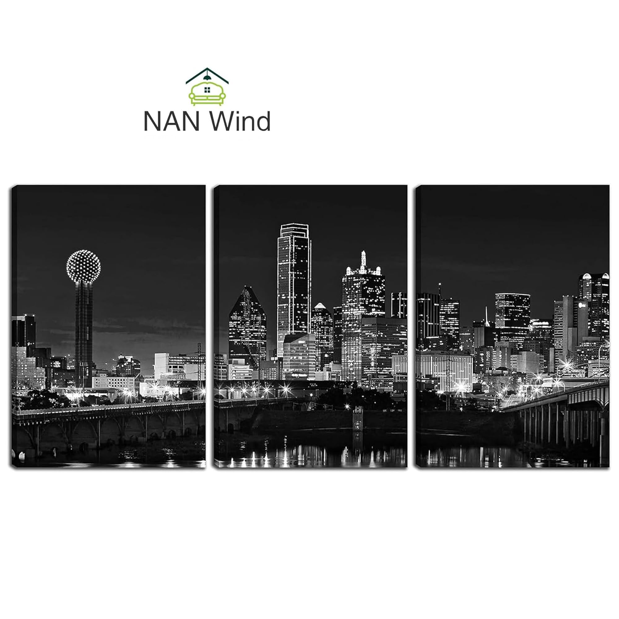 NAN Wind 3 Pcs Wall Art Dallas Skyline Black & White Canvas Art Paintings For Room Decor Dallas Cityscape Skyscrapers Night Scene Picture Prints On Canvas For Home Decor Modern Giclee Framed