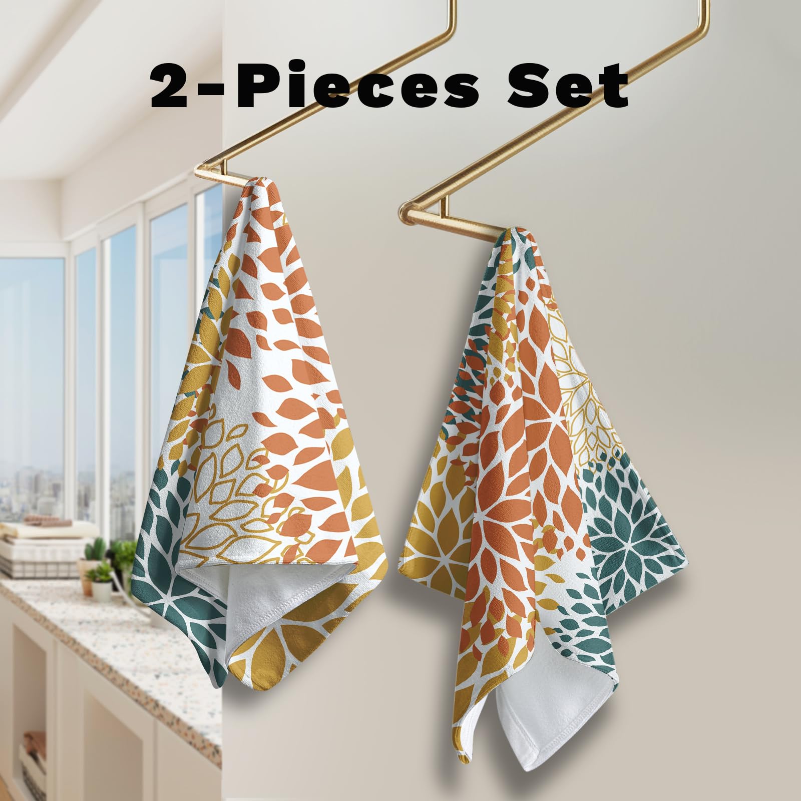 Lealeg Dahlia Floral Hand Towel Set Of 2 Orange And Yellow Flower Kitchen Dish Towels Abstract Geometric Tea Towel Spring Green