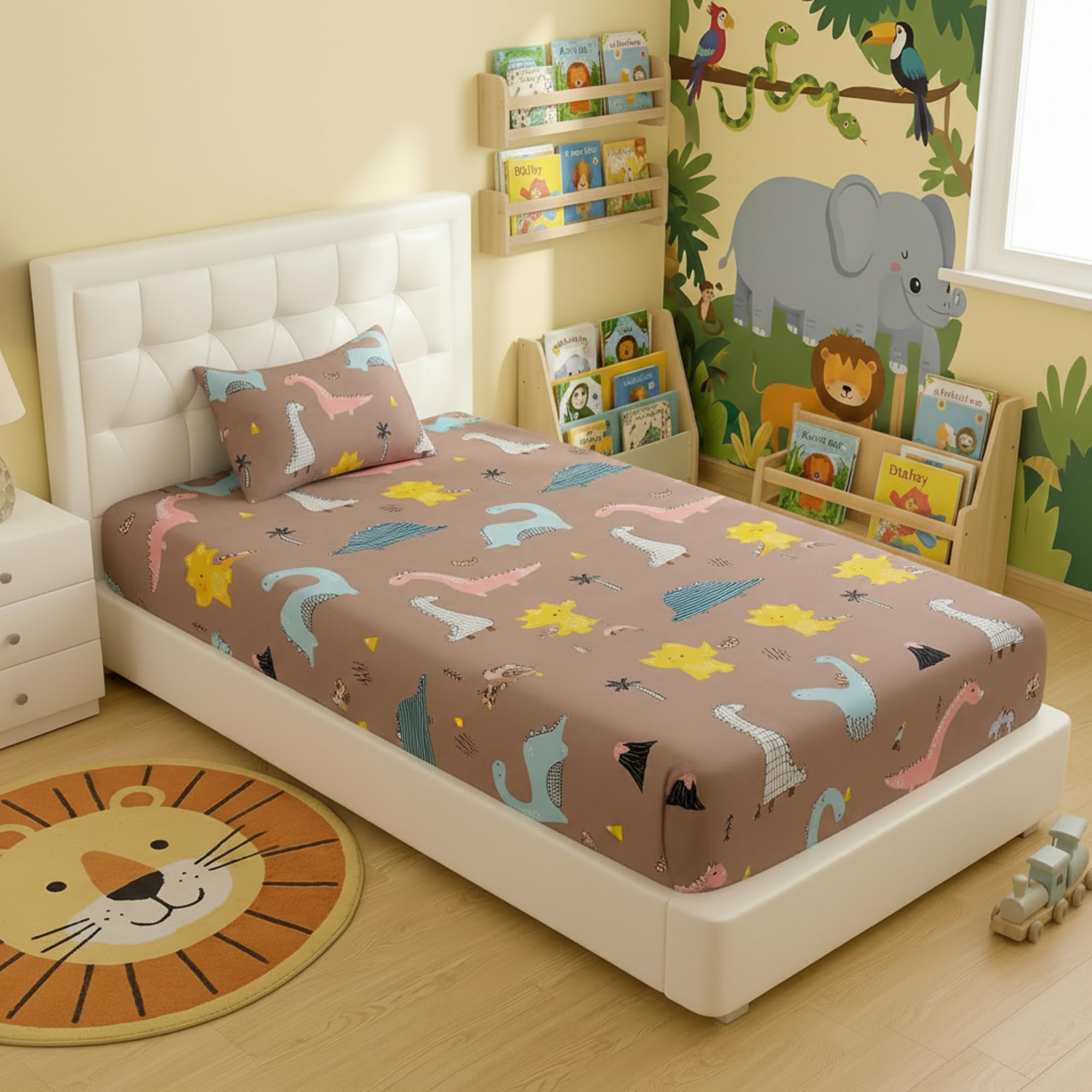 Filymore Small Dinosaurs Single Bedsheet For Kids 240 Tc Cartoon Bedcover Made With Pure Microfiber(Size 60 X 90 Inches) 1 Bedsh