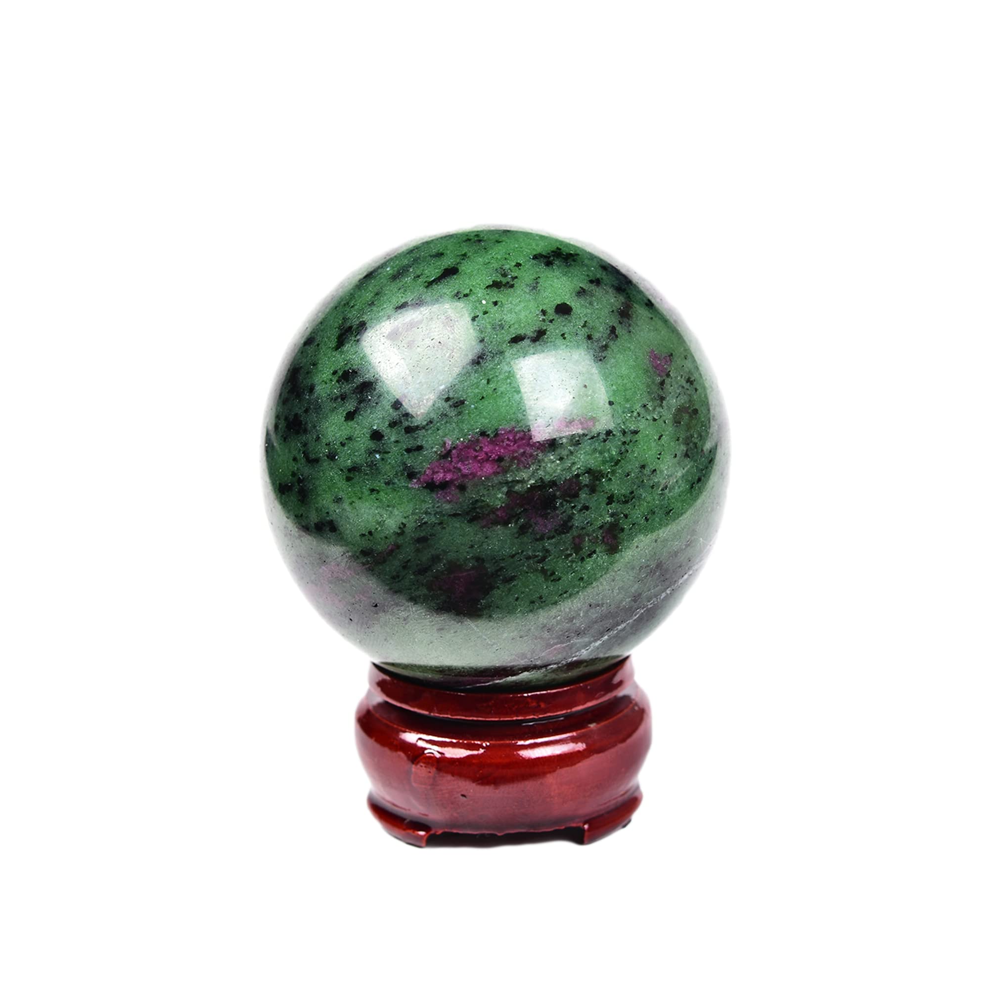 JIC Gem Natural Ruby Zoisite Quartz Crystal Sphere Balls with Wood Stand Red&Green Treasure Gemstone Decorative Orbs Reiki Energ