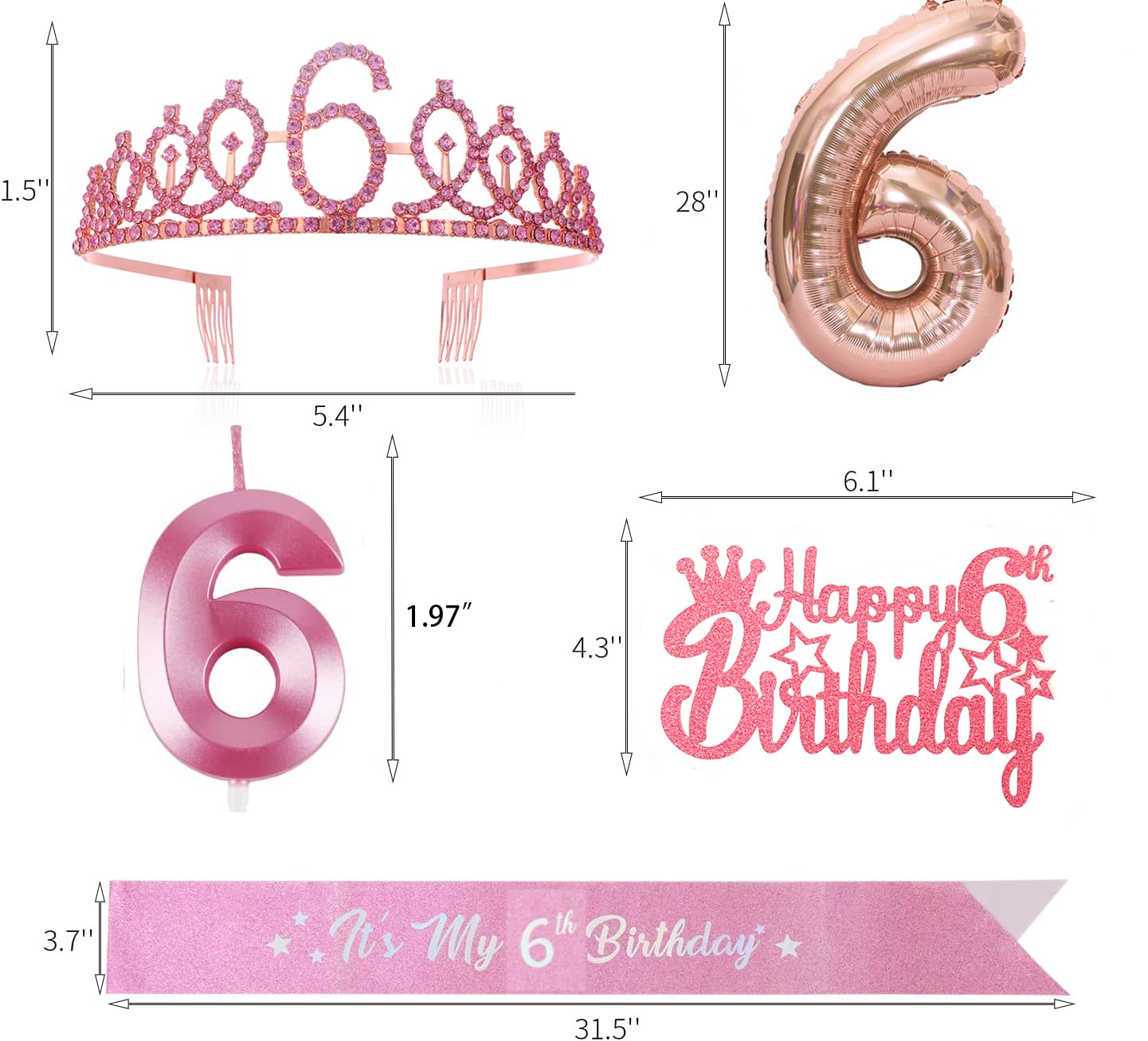 6Th Birthday Candle Sash And Tiara,It'S My 6Th Birthday Sash Rhinestone Crown Happy Birthday Cake Topper Foil 6 Balloon For Girl