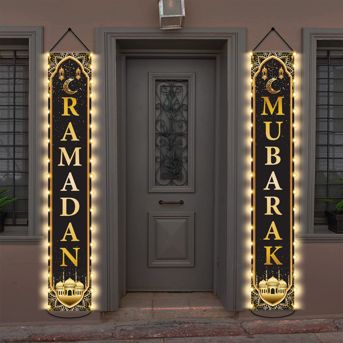 Zoiiwa Eid Mubarak Front Door Banners Lighted Decorations Ramadan Porch Sign With Led Light Black Gold Moon Lantern Door Sign Ha