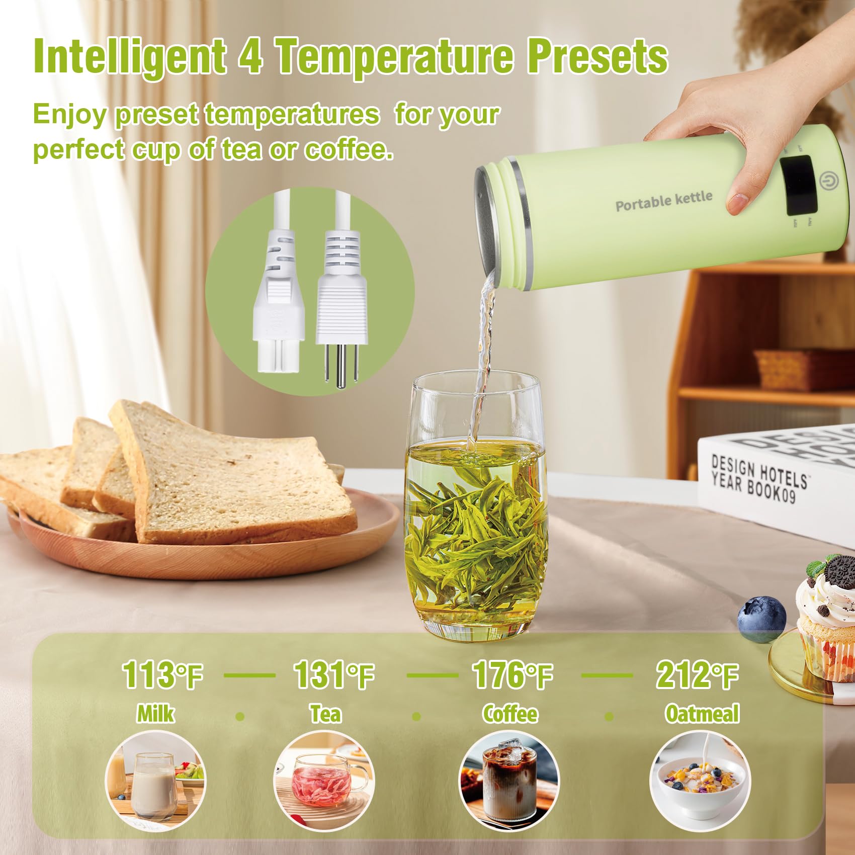 Touxila Travel Electric Kettle, 400ml Mini Hot Water Boiler, 304 Stainless Steel, Green, Fast Boiling with Auto Shut-Off and Boil Dry Protection