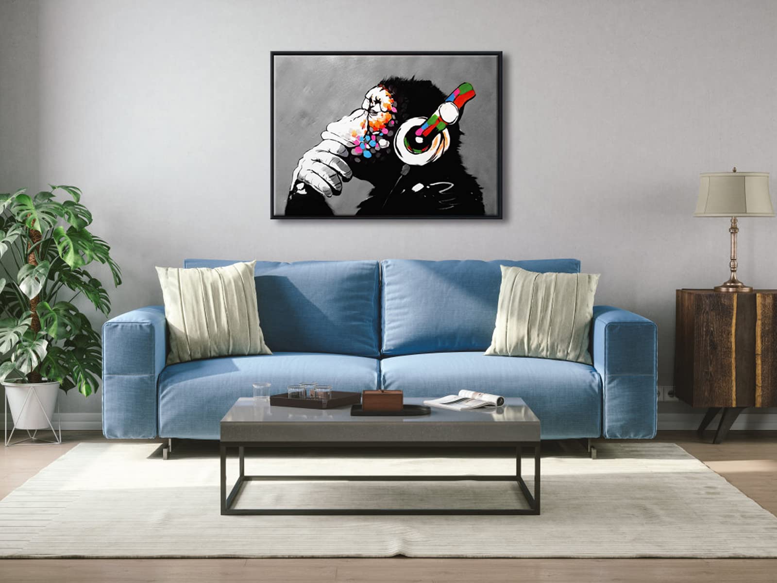 Wieco Art Black Framed Monkey With Headphones Banksy Graffiti Art Abstract Canvas Painting Posters And Prints Animal Canvas Wall
