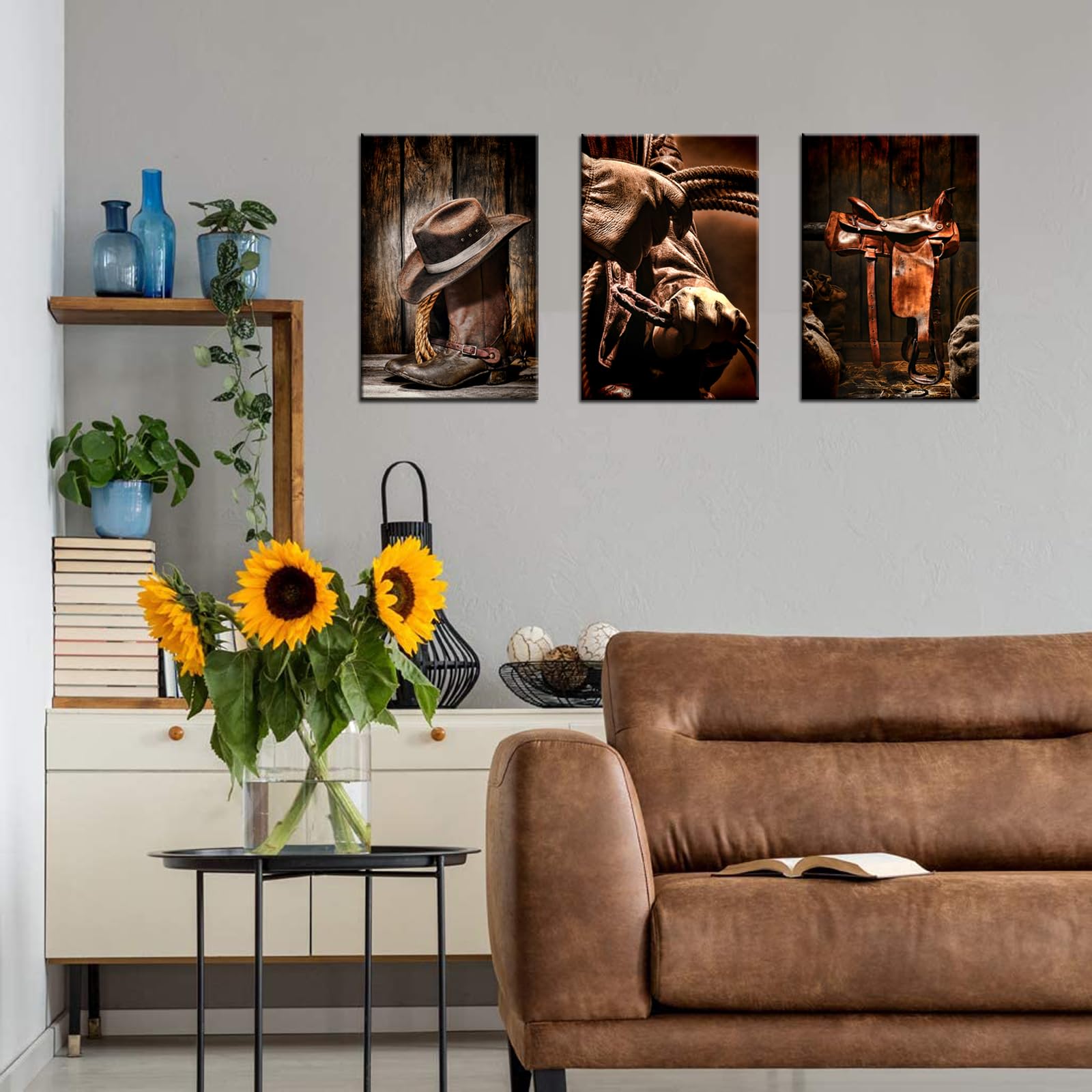 Biuteawal - 3 Pieces Canvas Prints American West Rodeo Cowboy Wall Art Painting Brown Straw Hat On Leather Rancher Roper Boots P