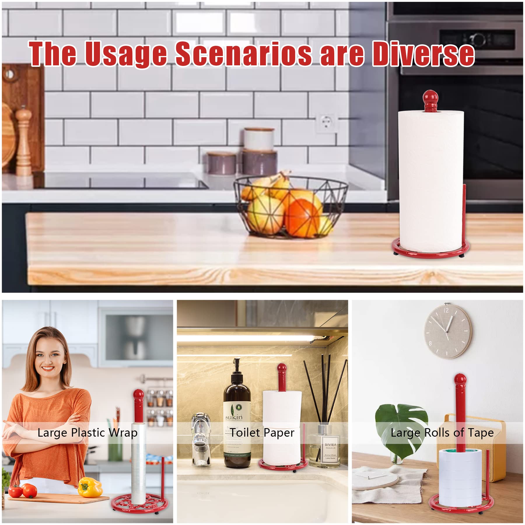 Minluful Vintage Red Cast Iron Paper Towel Holder - Weighted Base, One-Handed Tear For Kitchen Countertops